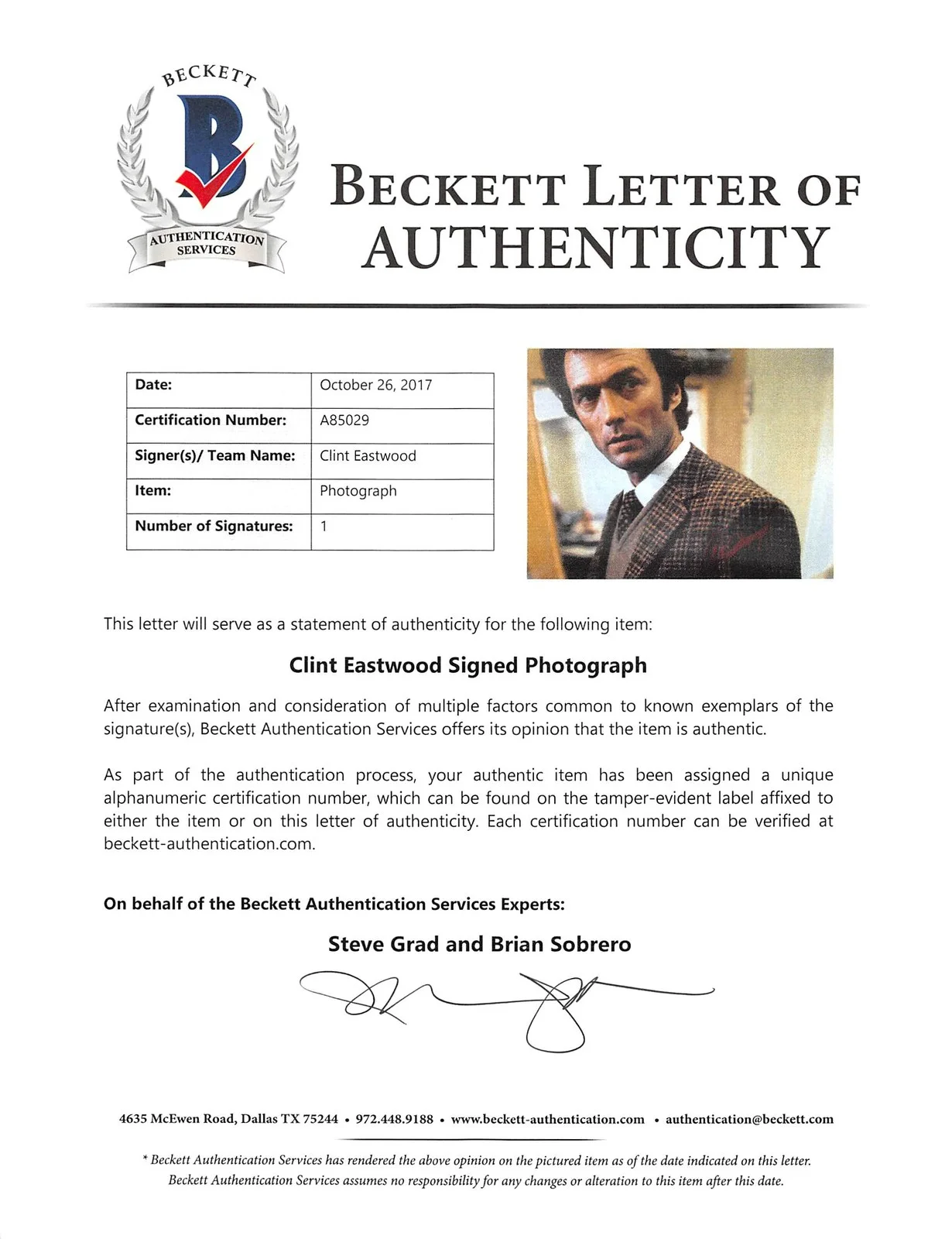 Clint Eastwood — Clint Eastwood Dirty Harry Authentic Signed 11x14 Photo Autographed BAS #A85029, image 2