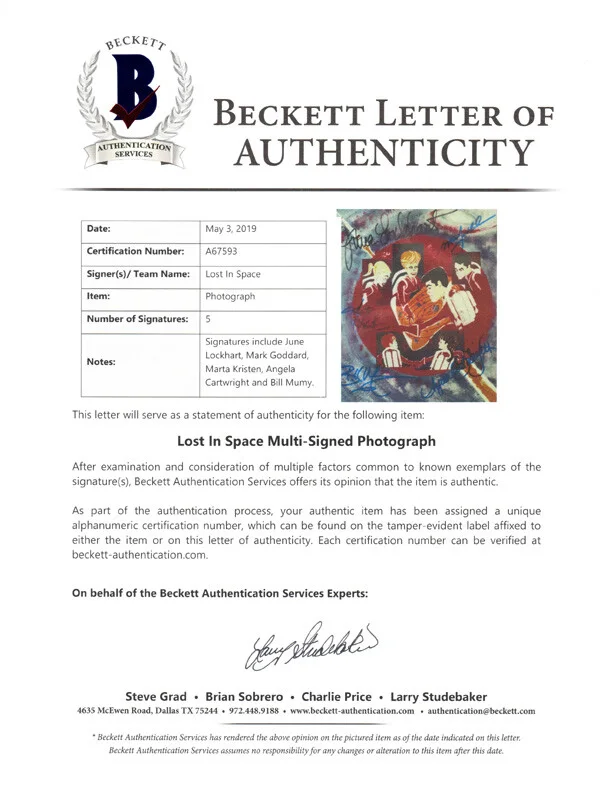 LOST IN SPACE CAST SIGNED BY 5 8x10 PHOTO LOCKHART CARTWRIGHT MUMY + BECKETT BAS, изображение 2