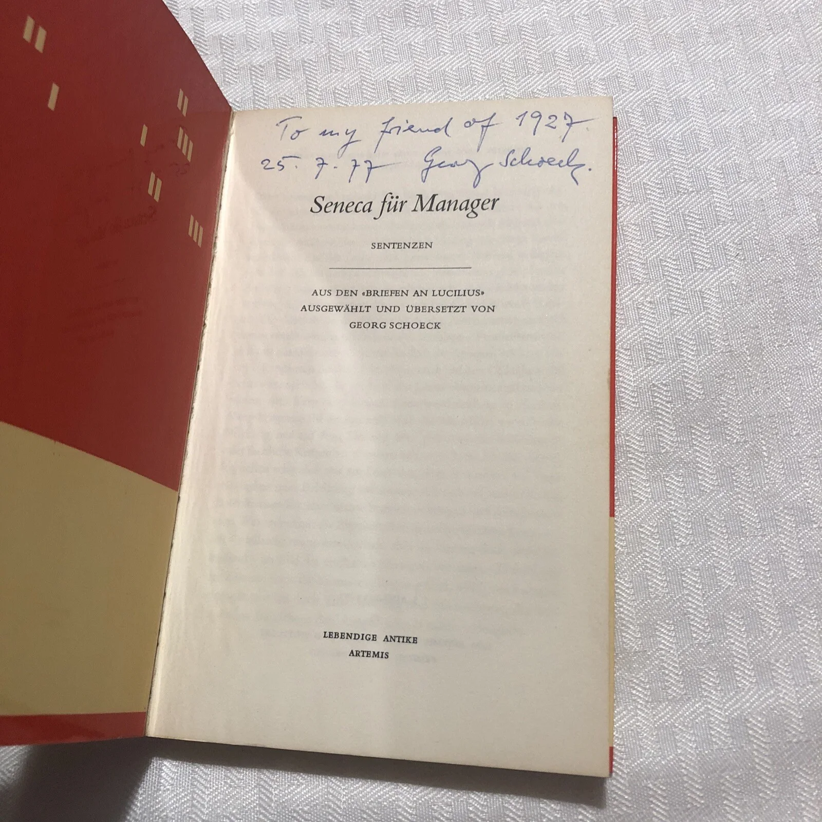 1977 SENECA FUR FOR MANAGER SIGNED BOOK MUSIC COMPOSER GEORG SCHOECK GERMAN TEXT, изображение 2