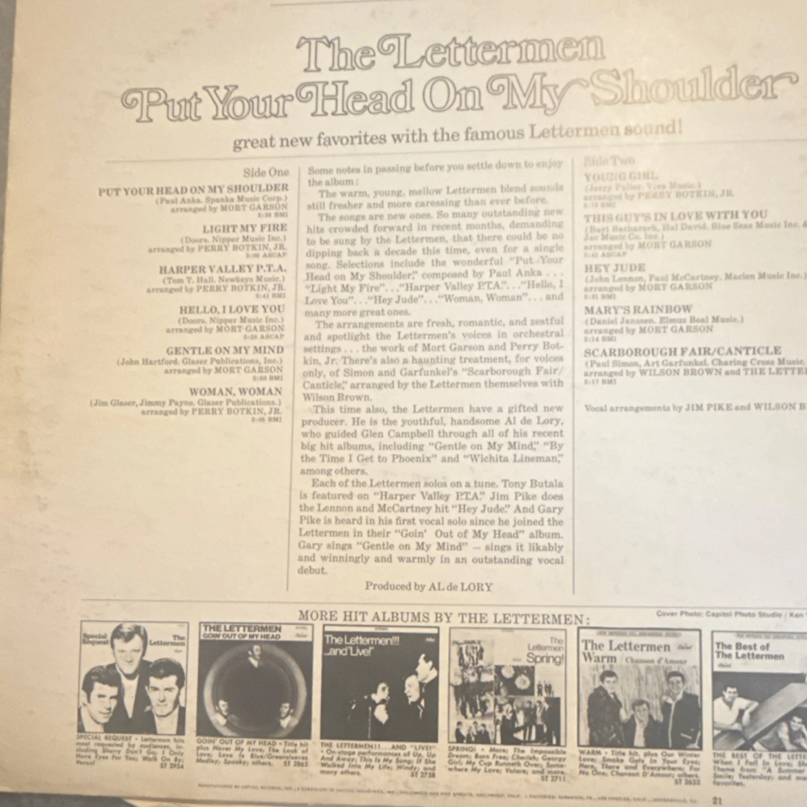 The Lettermen Put Your Head On My Shoulder Autographed Original Vinyl Record, изображение 4