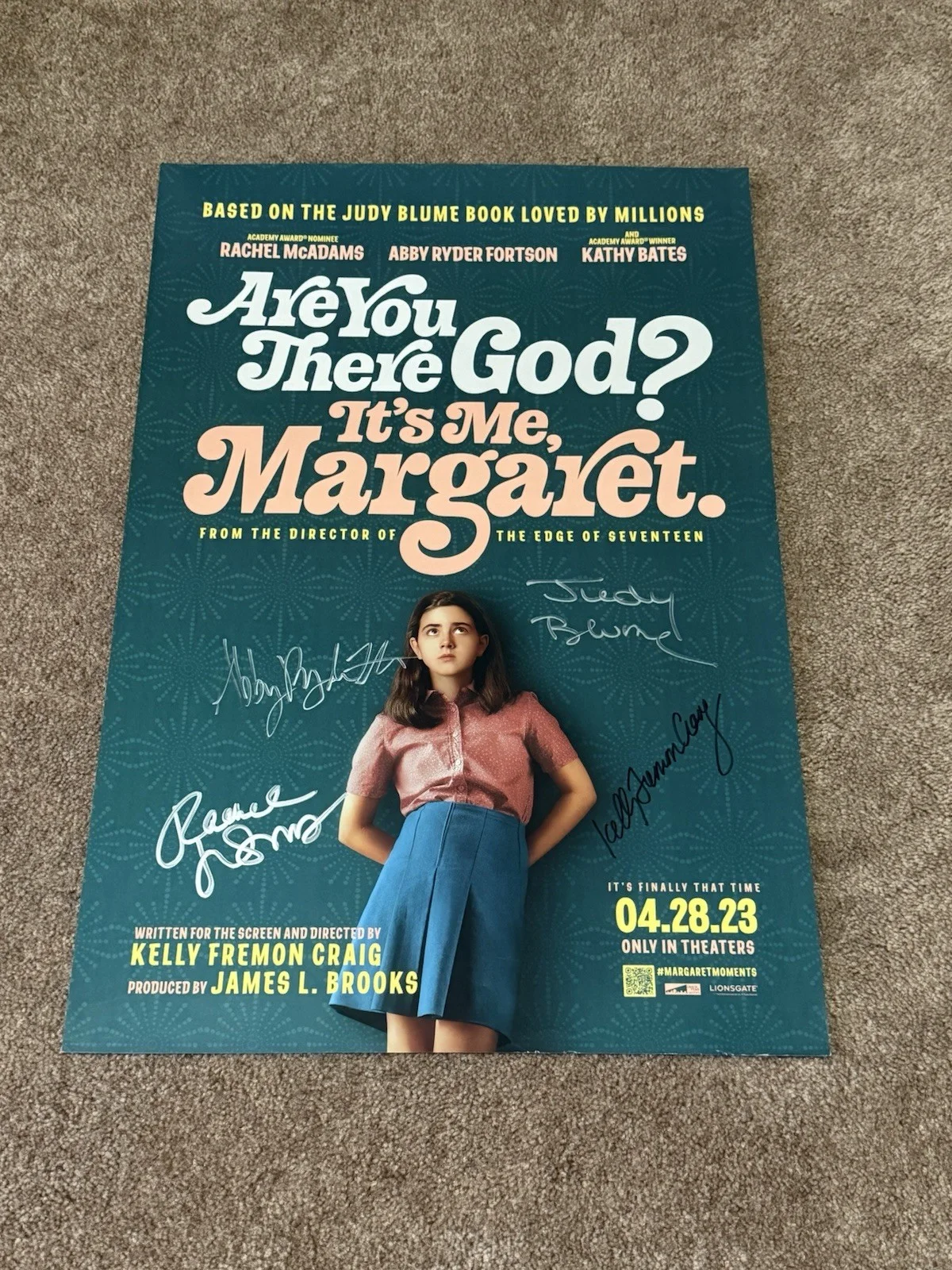 Rachel McAdams, Abby Ryder Fortson, Judy Blume — Are You There God It’s Me Margaret Cast Signed 13.5x20 Poster McAdams