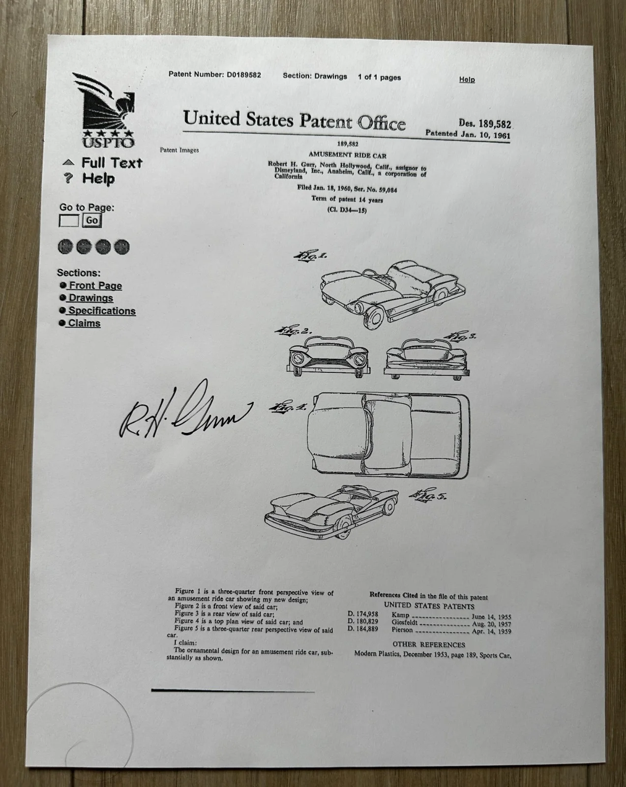 Bob Gurr — Disney Bob Gurr Signed 8.5x11 Autographed Amusement Ride Car Patent Free Shippng, изображение 3
