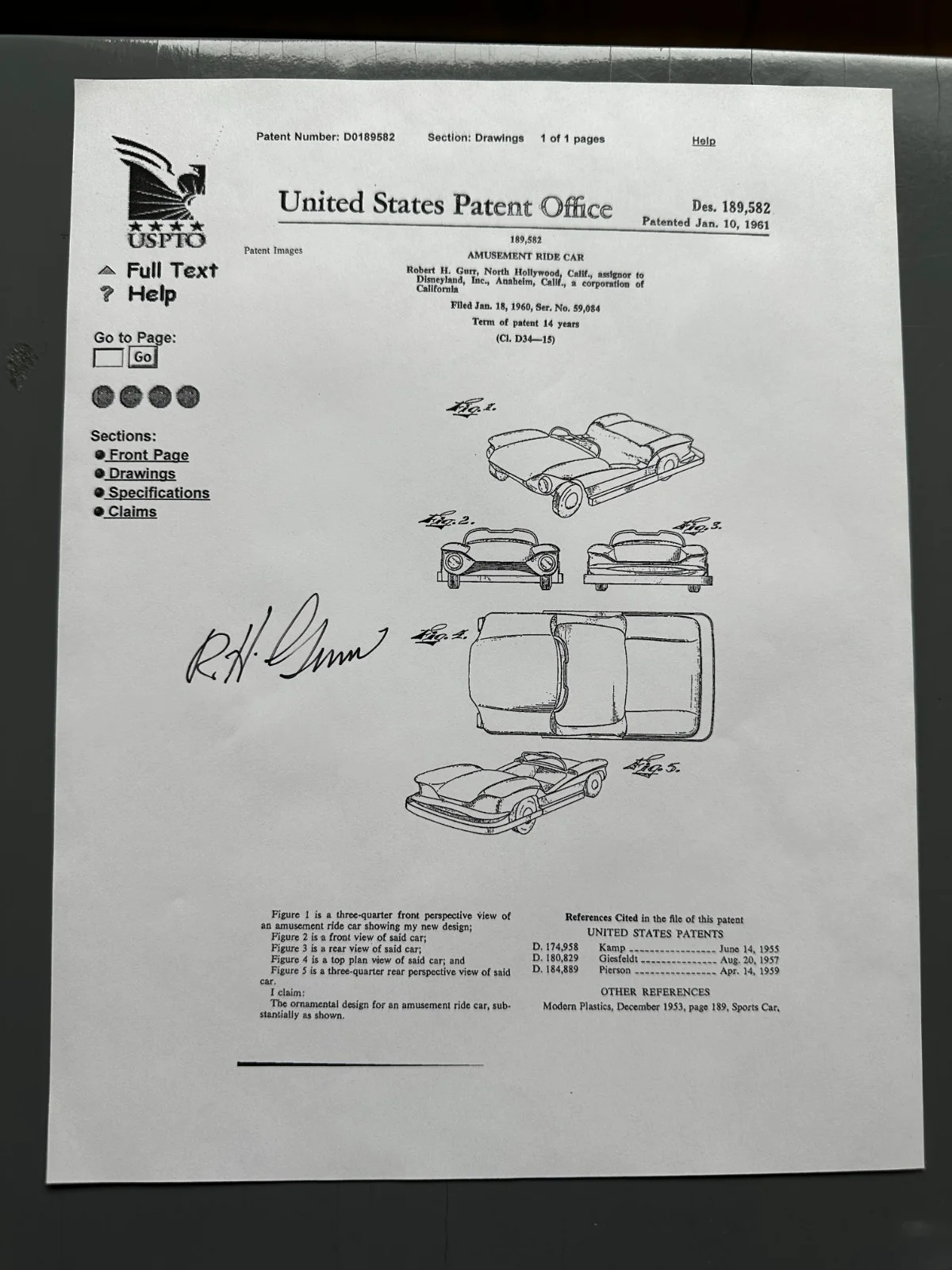 Bob Gurr — Disney Bob Gurr Signed 8.5x11 Autographed Amusement Ride Car Patent Free Shippng, изображение 4