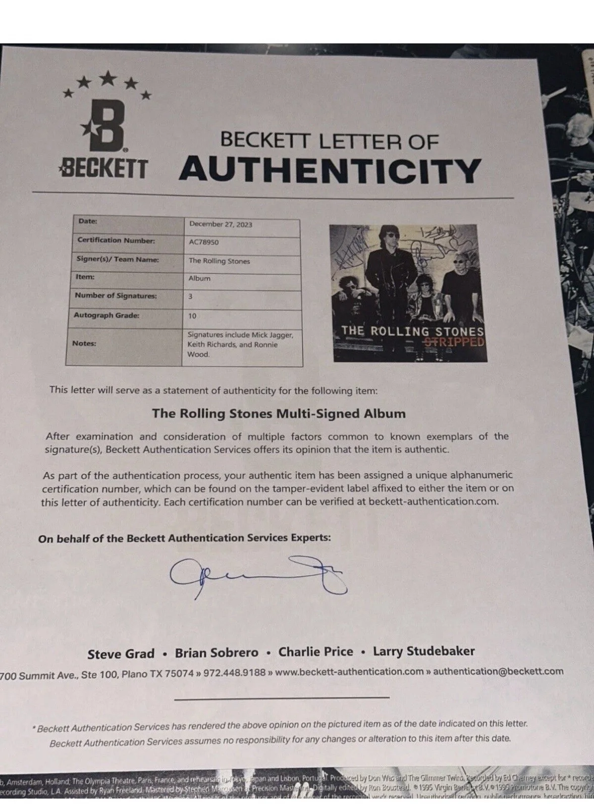 JAGGER, RICHARDS & WOOD Signed Rolling Stones LP ALBUM COVER Beckett LOA AUTO 10, изображение 4