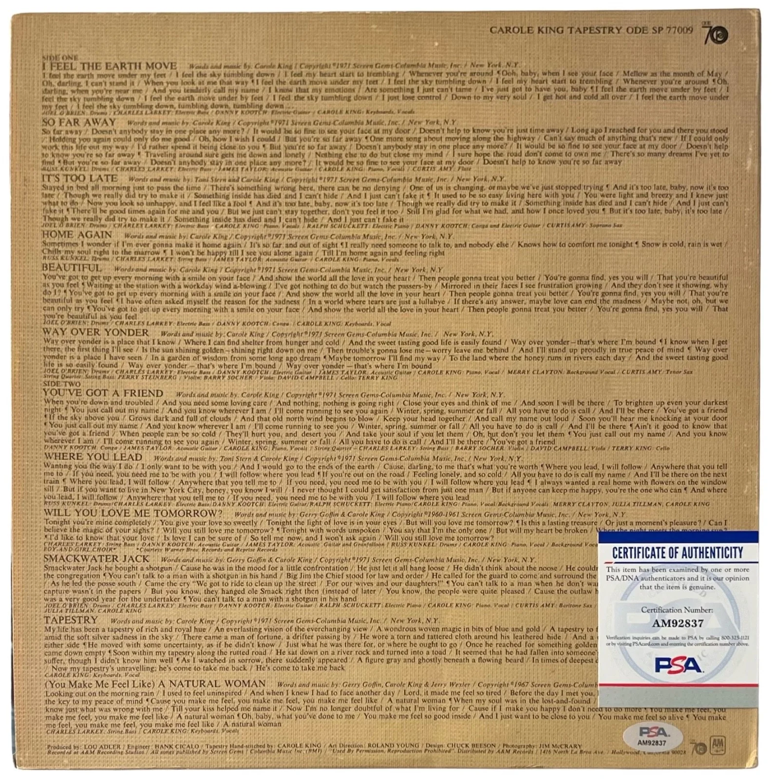 Carole King Signed Tapestry Vinyl Record PSA COA AM92837, image 3