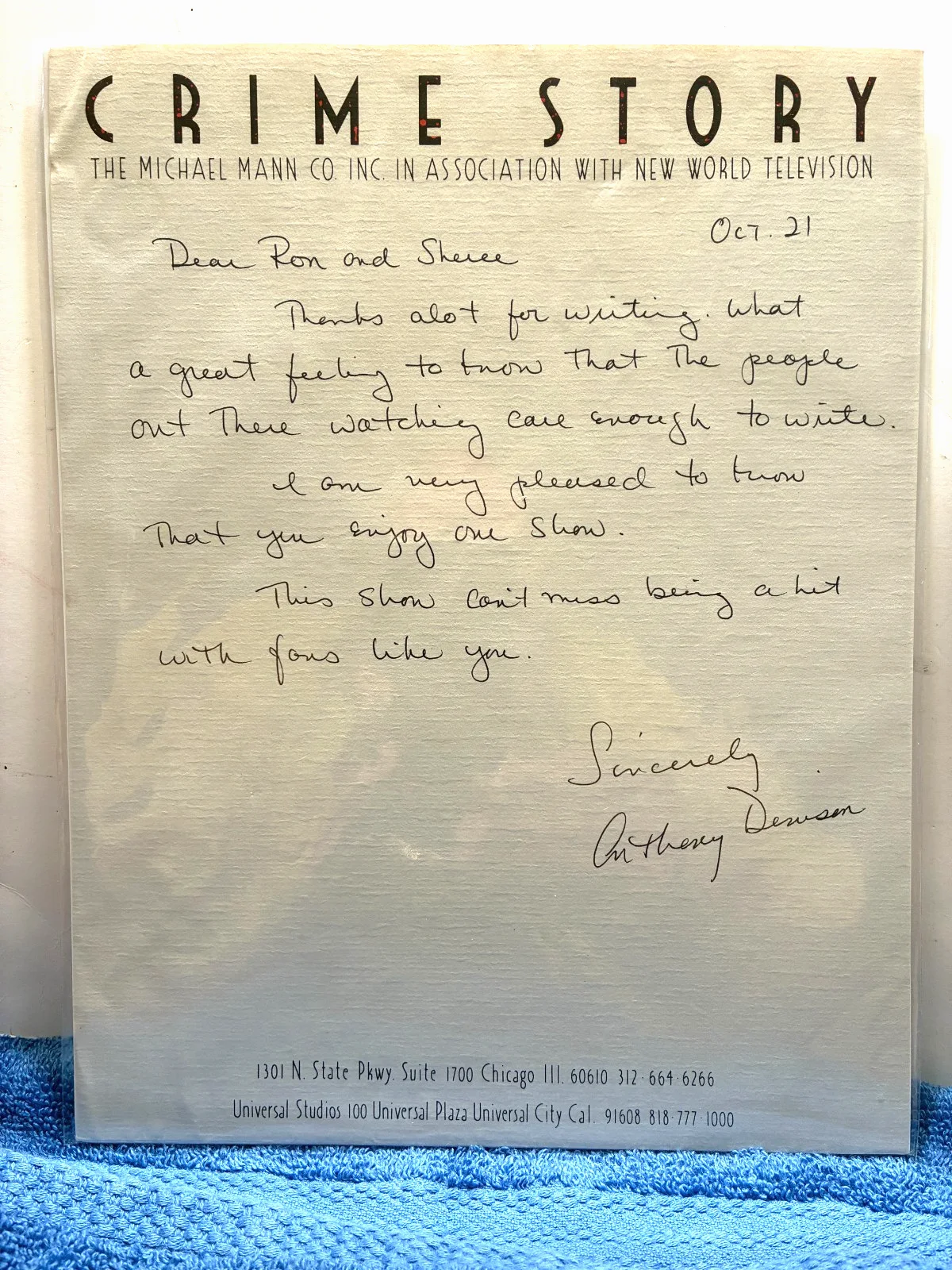 Anthony Denison — Anthony Denison SIGNED Crime Story Letterhead. No COA.