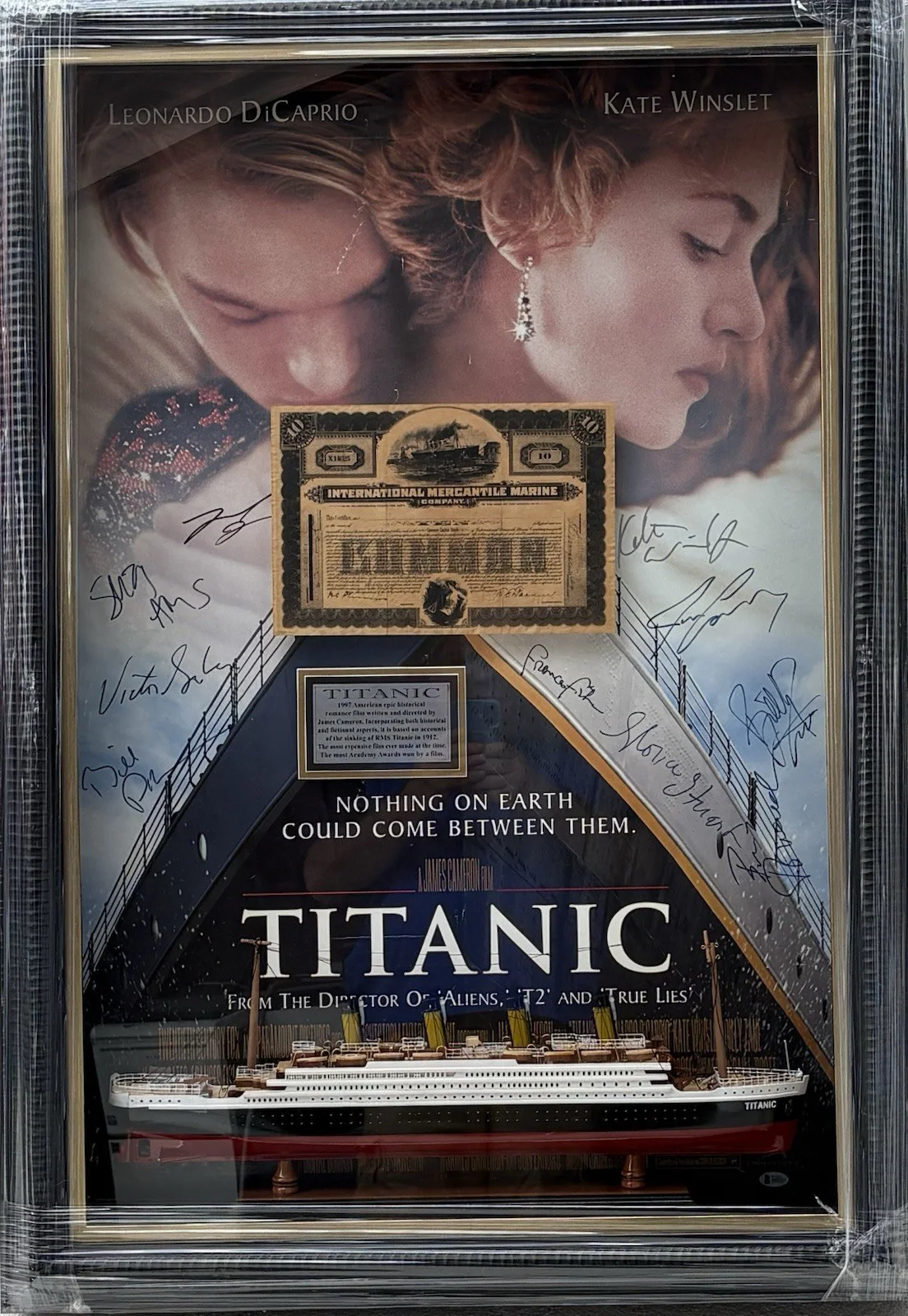 Leonardo DiCaprio, Kate Winslet, Kathy Bates, Frances Fisher — Titanic Cast (11) Signed Movie Poster Framed Model Of Ship and Stock Cert Becket
