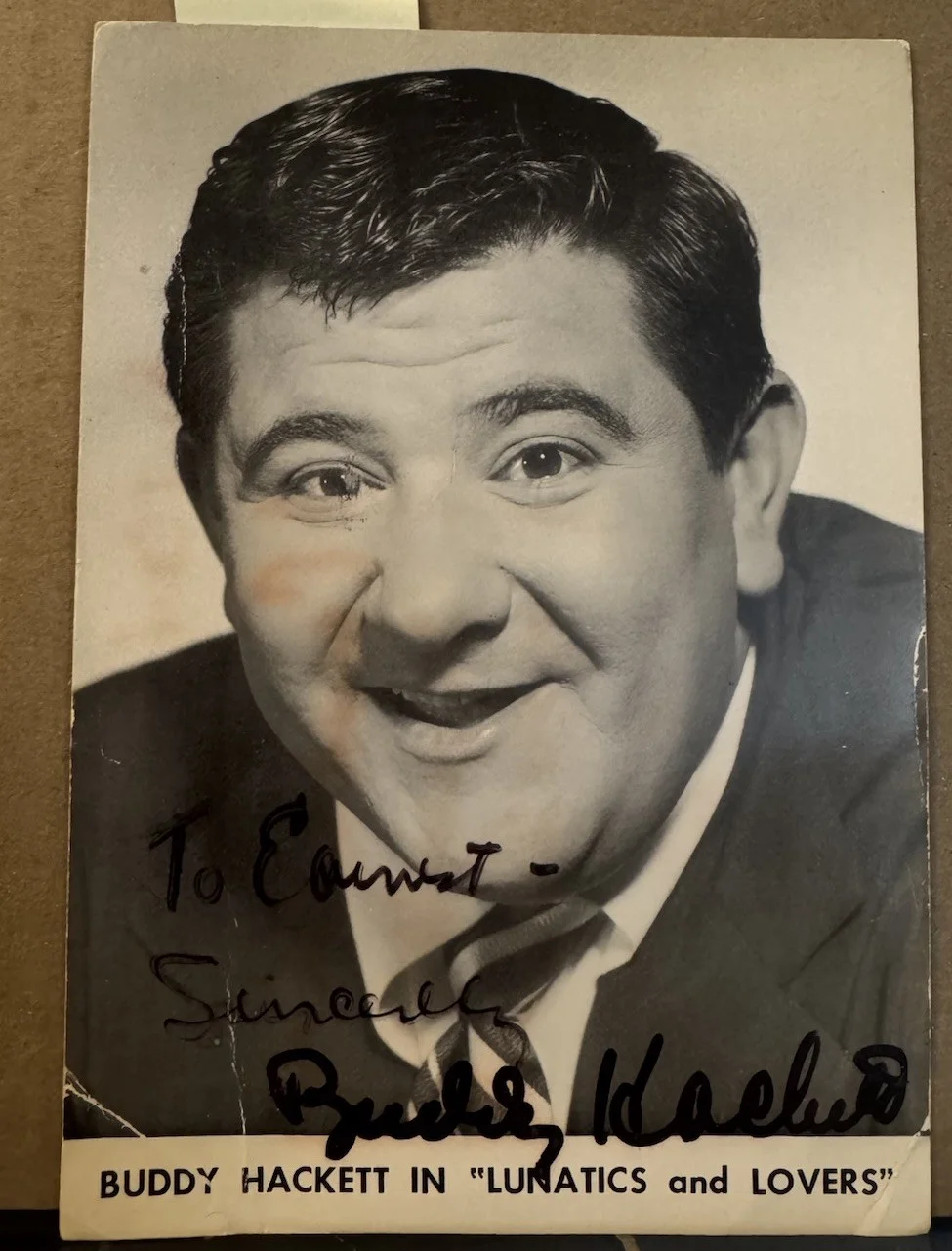 Buddy Hackett — Buddy Hackett Signed B&W Photo Postcard 1955 Inscribed Autograph Vintage