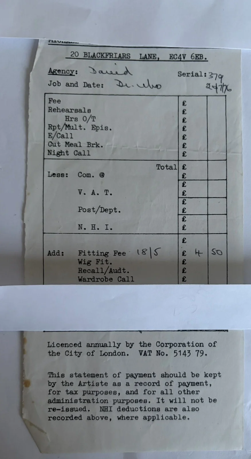 BBC Dr Who Hand Of Fear Tom Baker actors paperwork, image 2