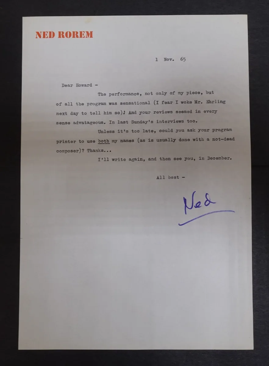 Ned Rorem — Ned Rorem American Composer Autographed Letter to Symphony Manager 11/1/1965