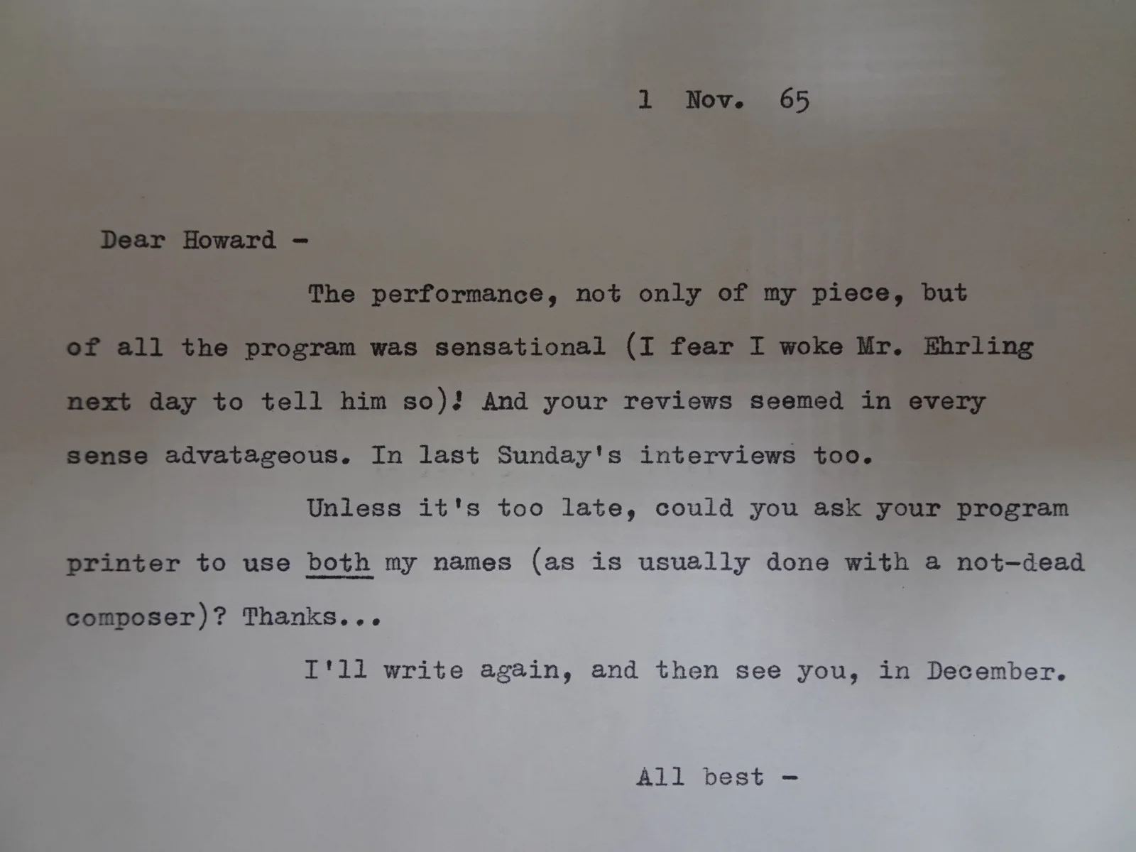 Ned Rorem — Ned Rorem American Composer Autographed Letter to Symphony Manager 11/1/1965, image 5