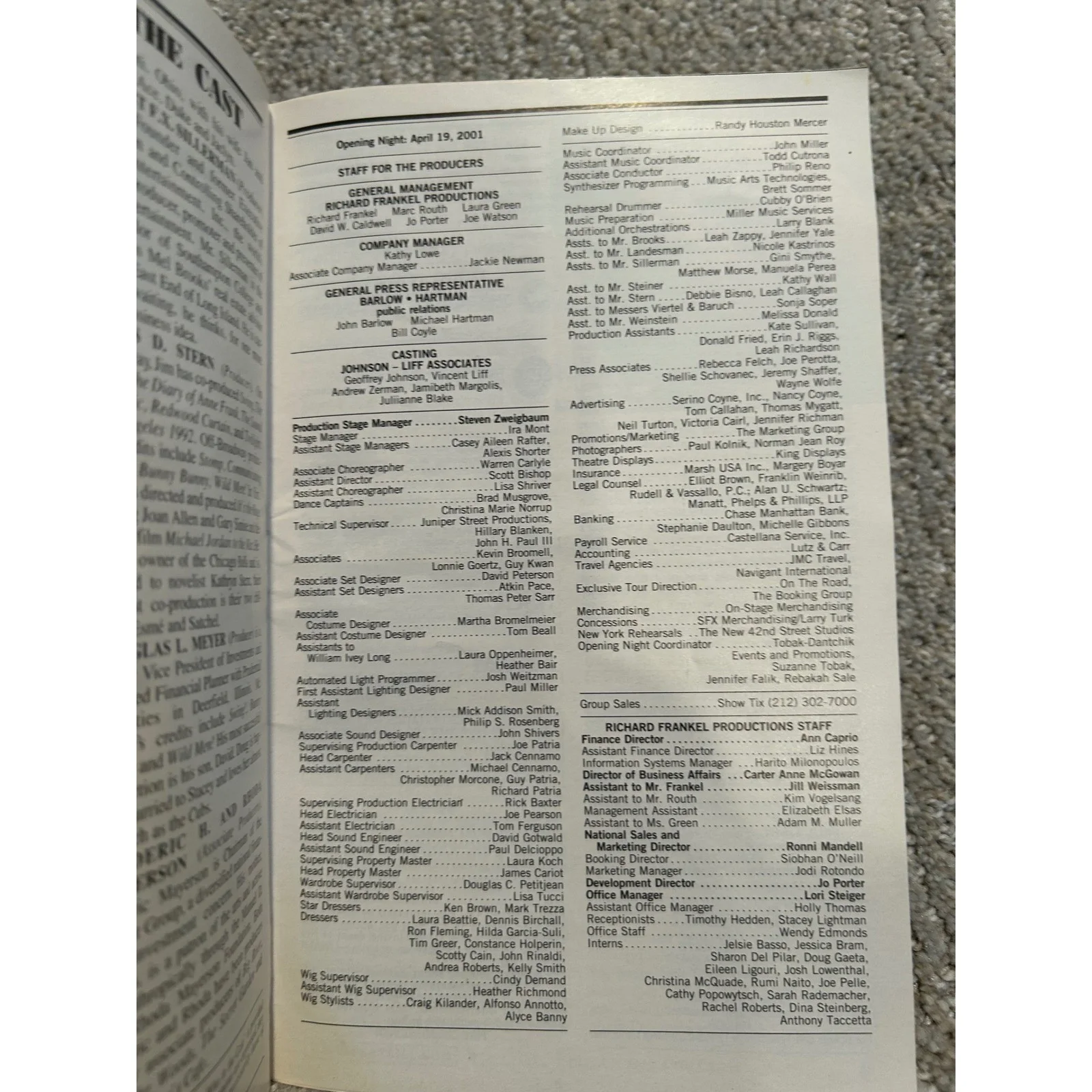 Vintage Broadway Playbill The Cast Original Broadway Production April 2001, изображение 2