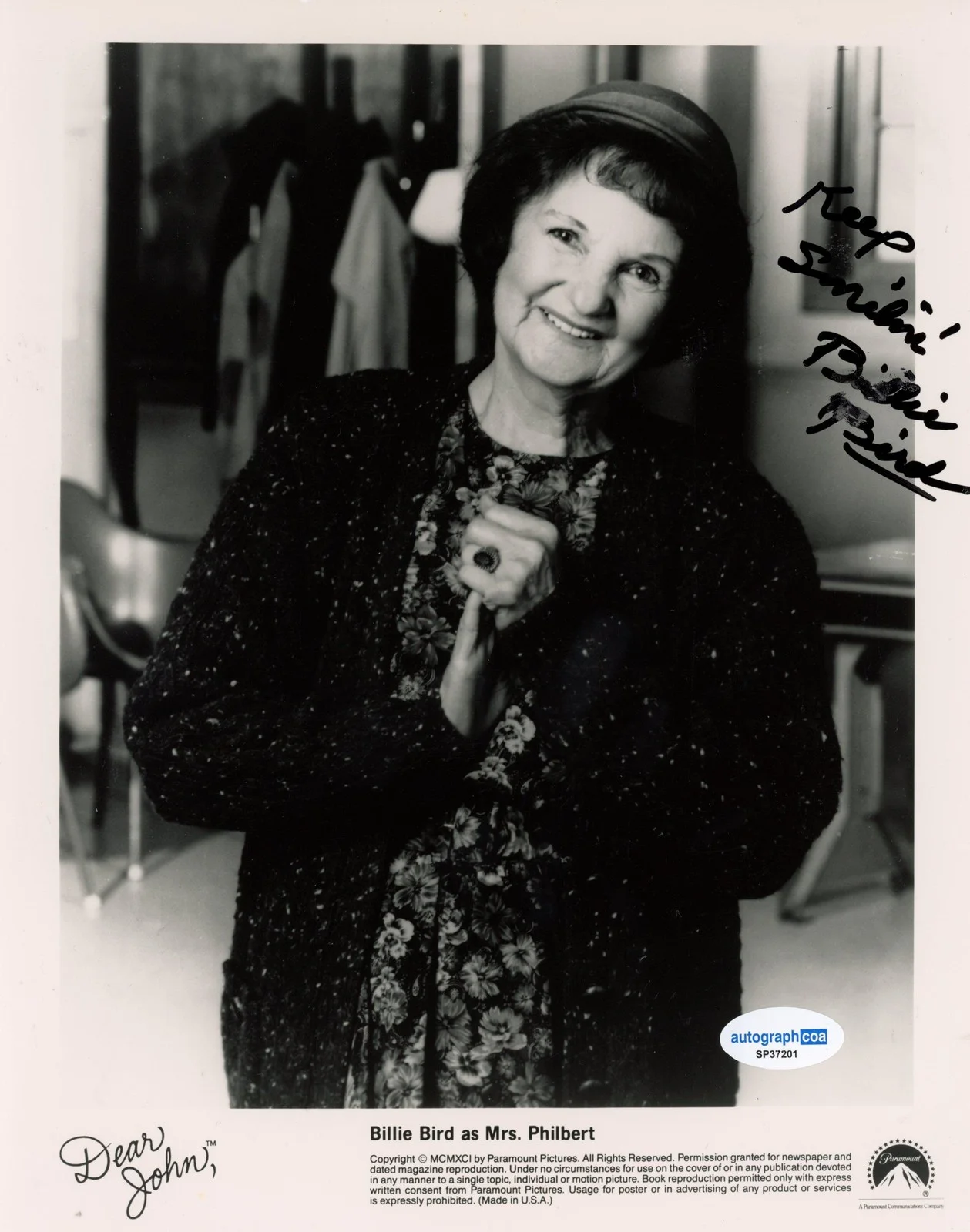 Billie Bird — Billie Bird "Dear John" AUTOGRAPH Signed 'Mrs. Margie Philbert' 8x10 Photo ACOA, изображение 2