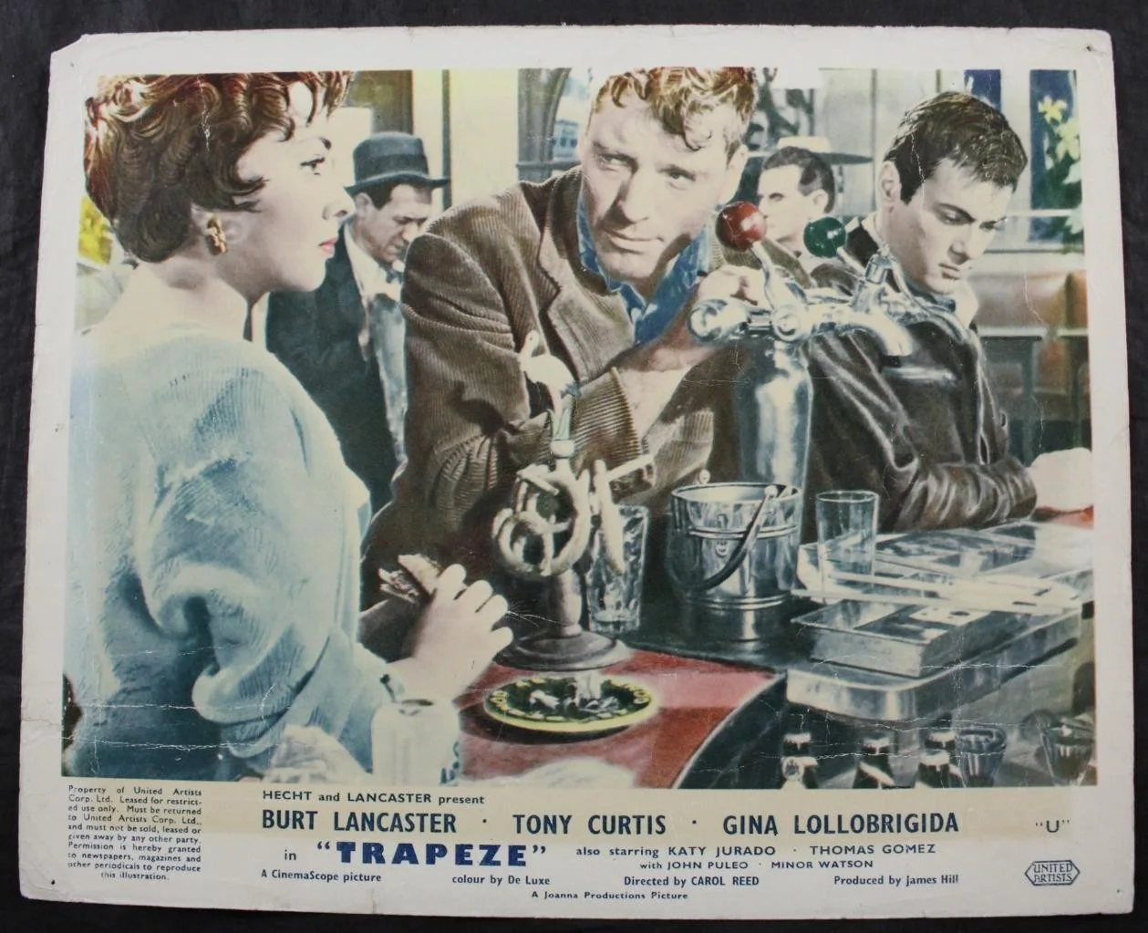 1956 TRAPEZE, SET 4 COLOUR LOBBY CARDS, CINEMASCOPE, BURT LANCASTER, TONY CURTIS, изображение 4