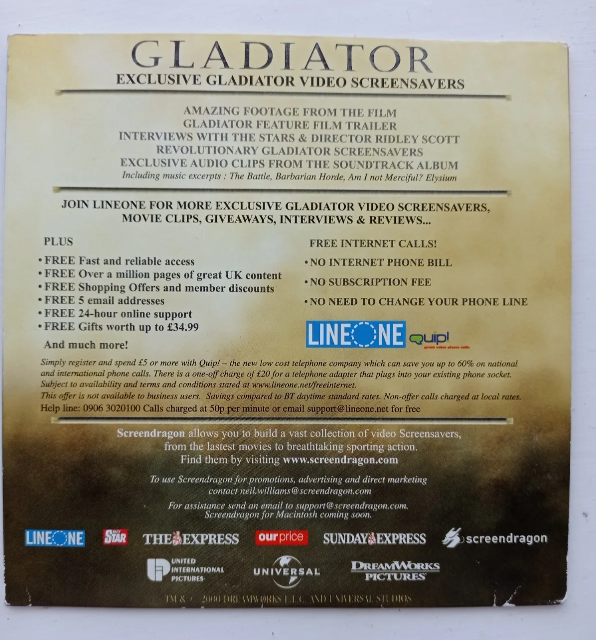 Gladiator (2000) Promotional CD Rom. Screensavers , Trailer, Interviews, Music, image 2