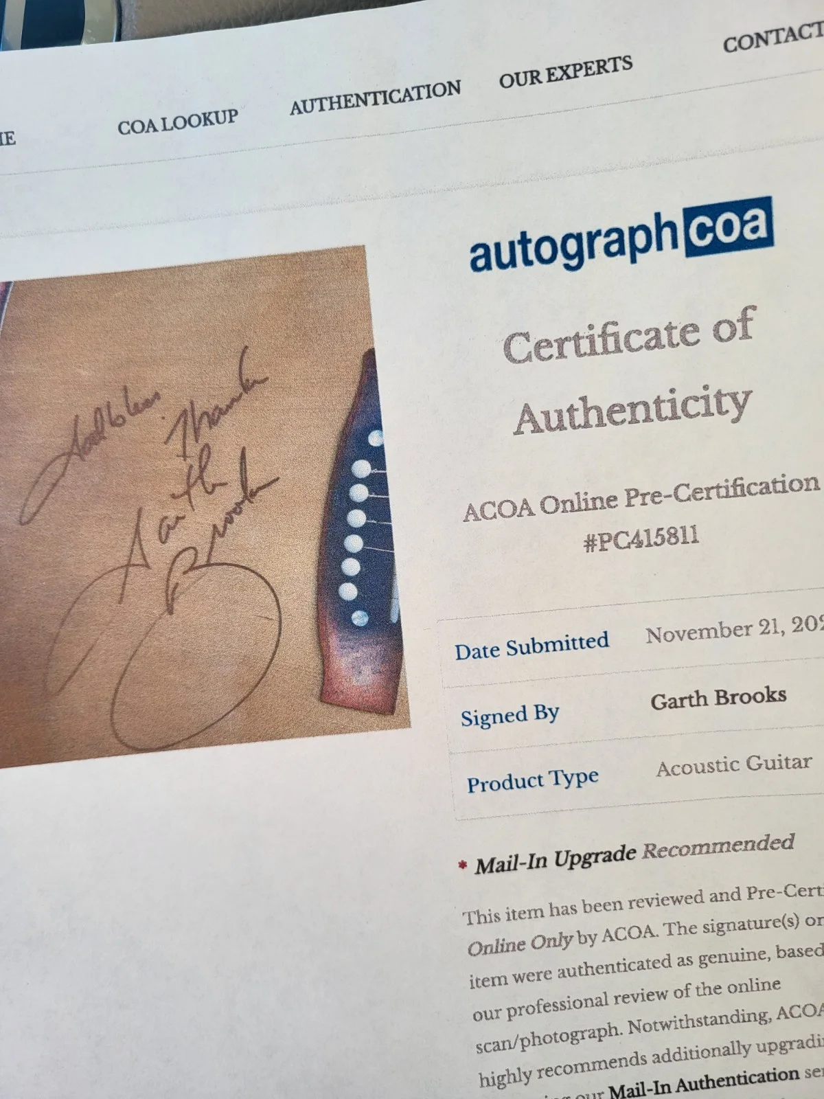 Garth Brooks Autographed Acoustic Guitar LA300 with Certificate of Authenticity, изображение 2