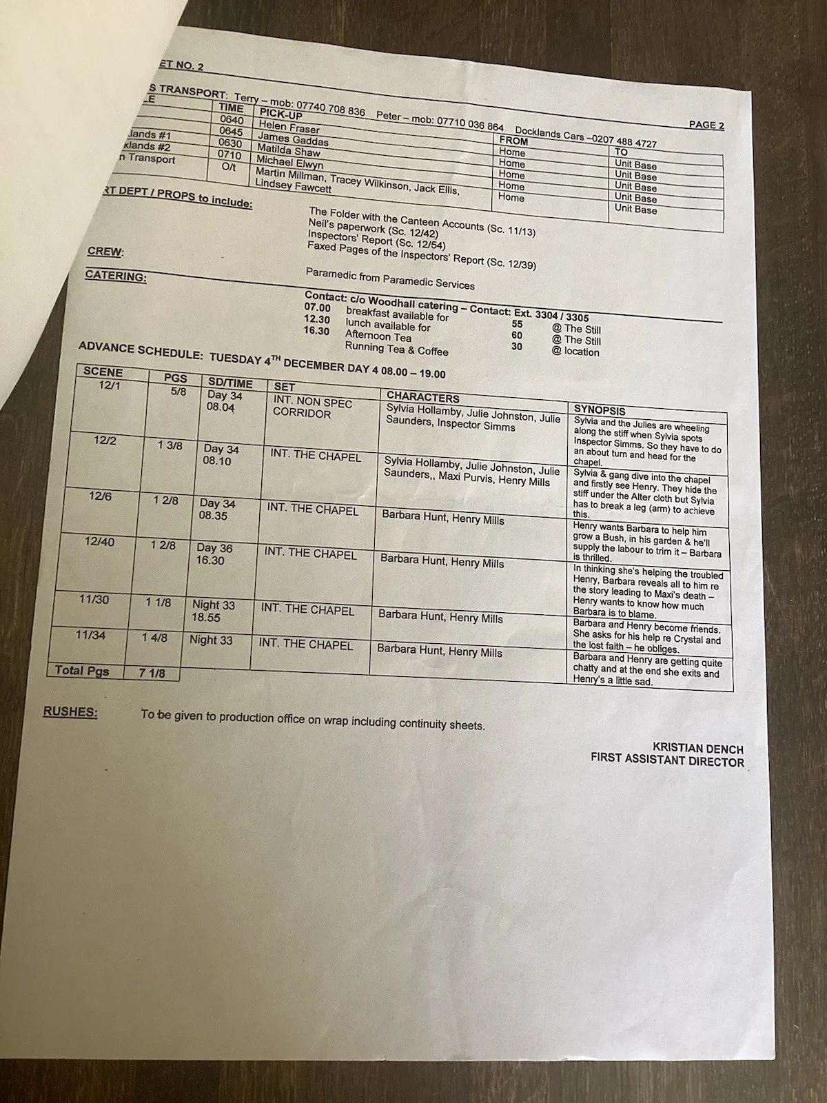 BAD GIRLS 3 December 2001 S4 TV Filming Production Call Sheet Set, изображение 2