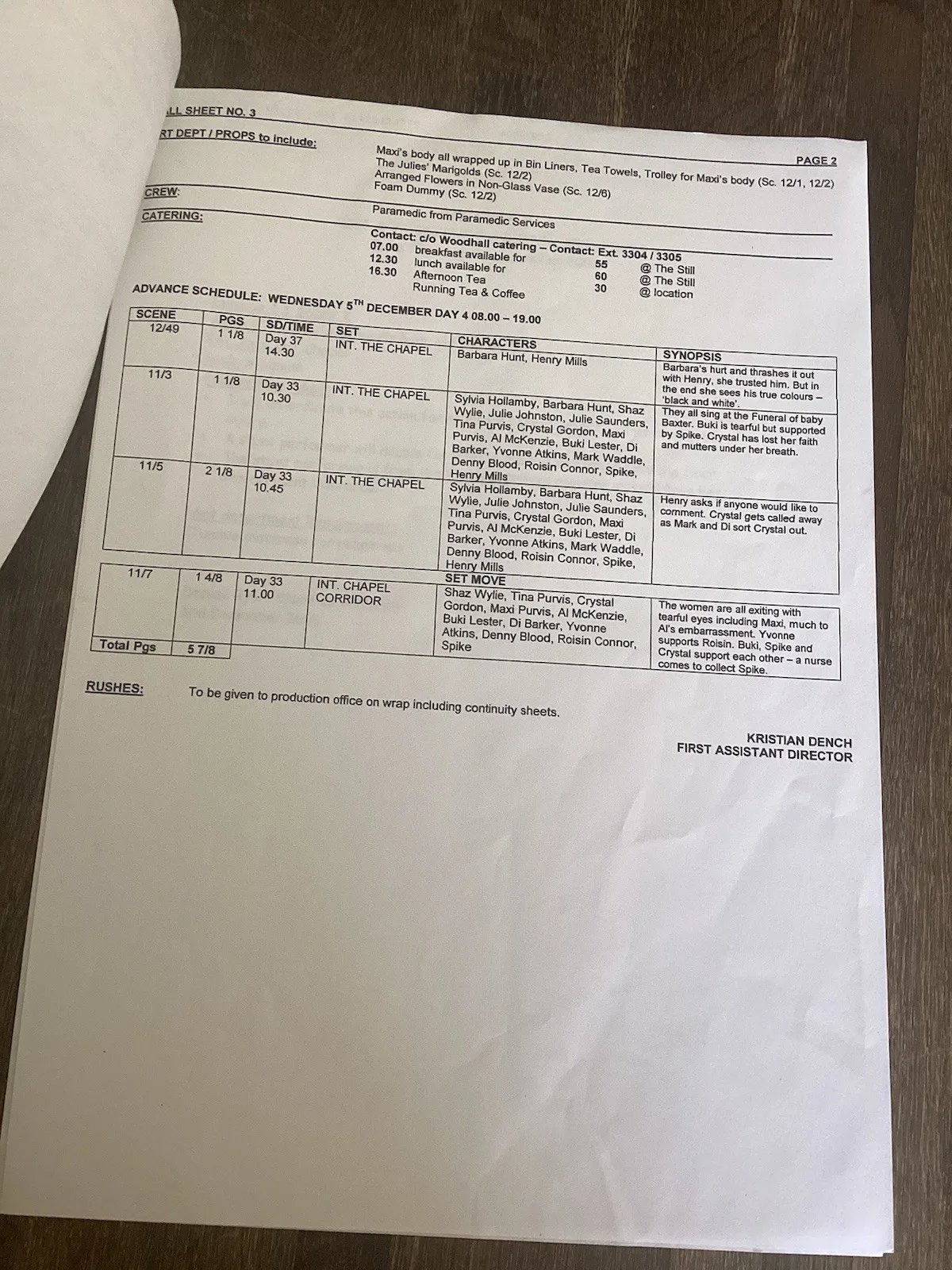 BAD GIRLS 4 December 2001 S4 TV Filming Production Call Sheet Set, изображение 2