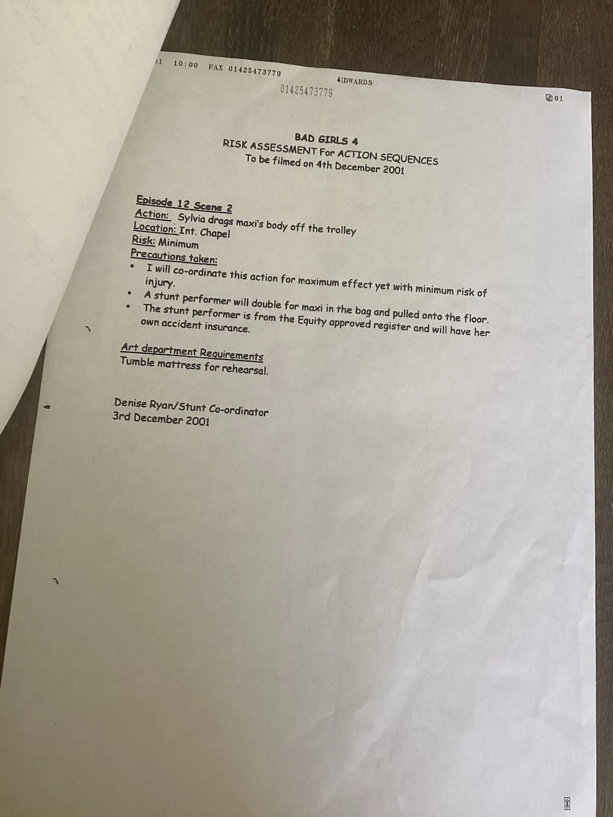 BAD GIRLS 4 December 2001 S4 TV Filming Production Call Sheet Set, изображение 3