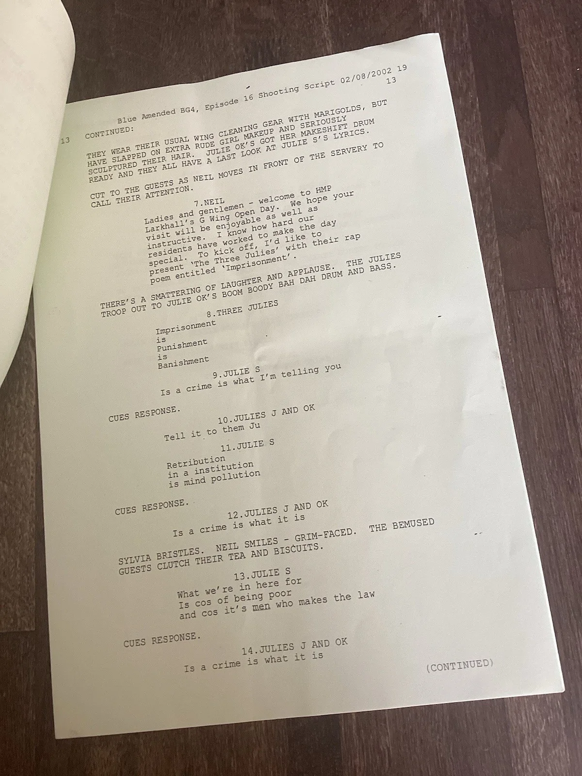 BAD GIRLS 13 February 2002 S4 E15 TV Script & Call Sheet, image 5