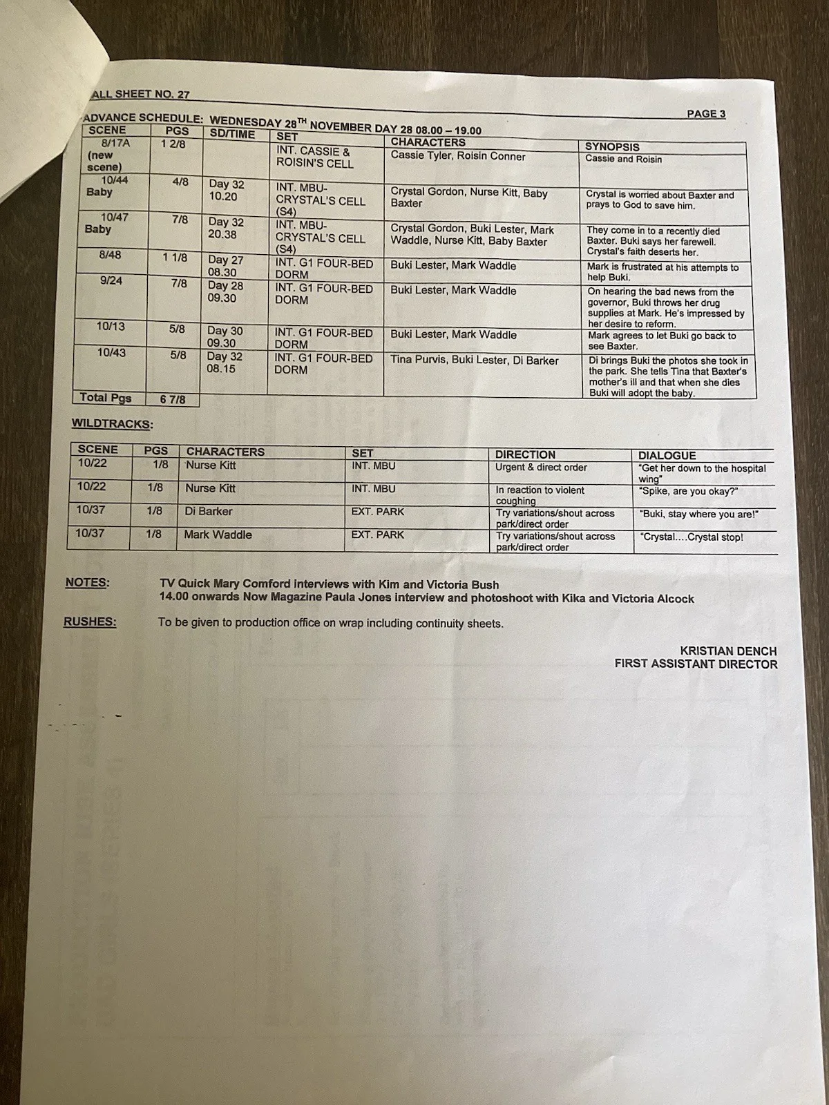 BAD GIRLS 27 November 2001 S4 TV Filming Production Call Sheet Set, изображение 3