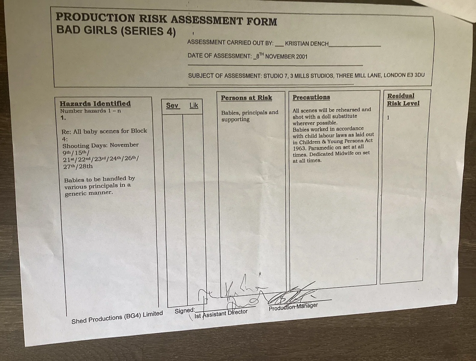 BAD GIRLS 27 November 2001 S4 TV Filming Production Call Sheet Set, изображение 4