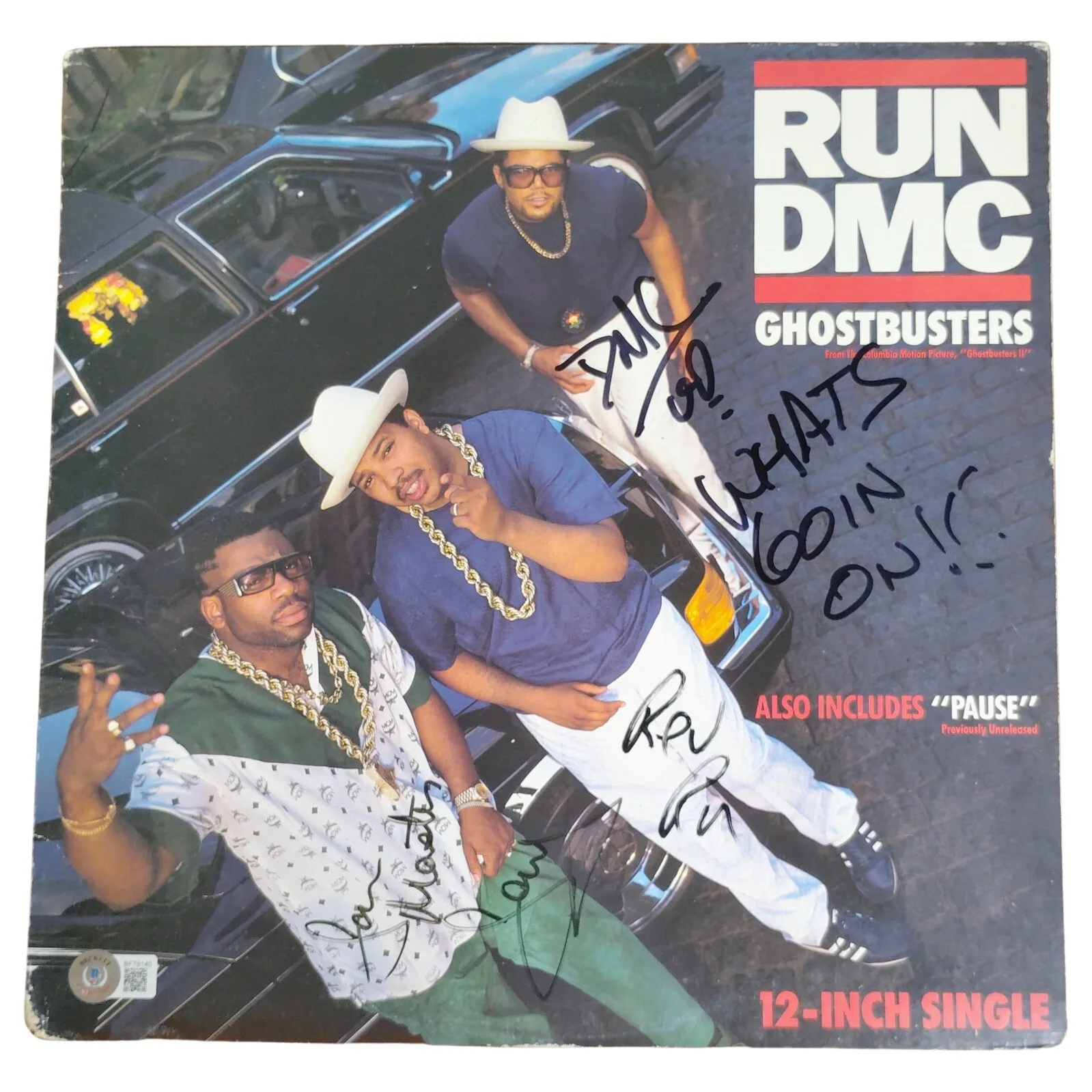 Rev Run, DMC, Jam Master Jay — Run DMC Jam Master Jay Signed Ghostbusters 2 Vinyl Beckett BAS COA Rap Hip Hop, image 2