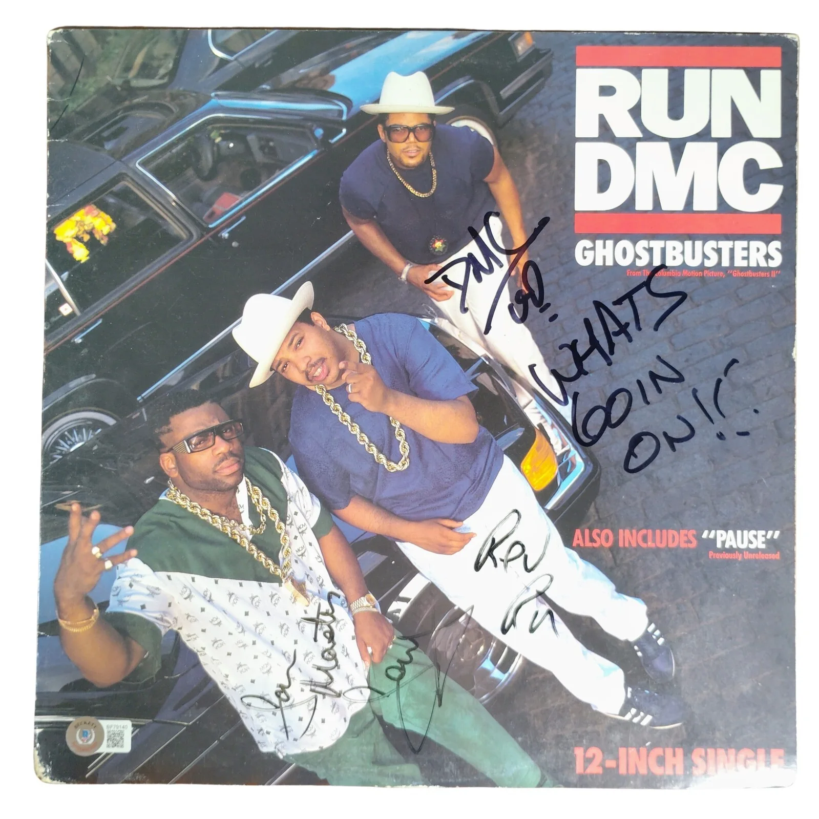 Rev Run, DMC, Jam Master Jay — Run DMC Jam Master Jay Signed Ghostbusters 2 Vinyl Beckett BAS COA Rap Hip Hop, image 3