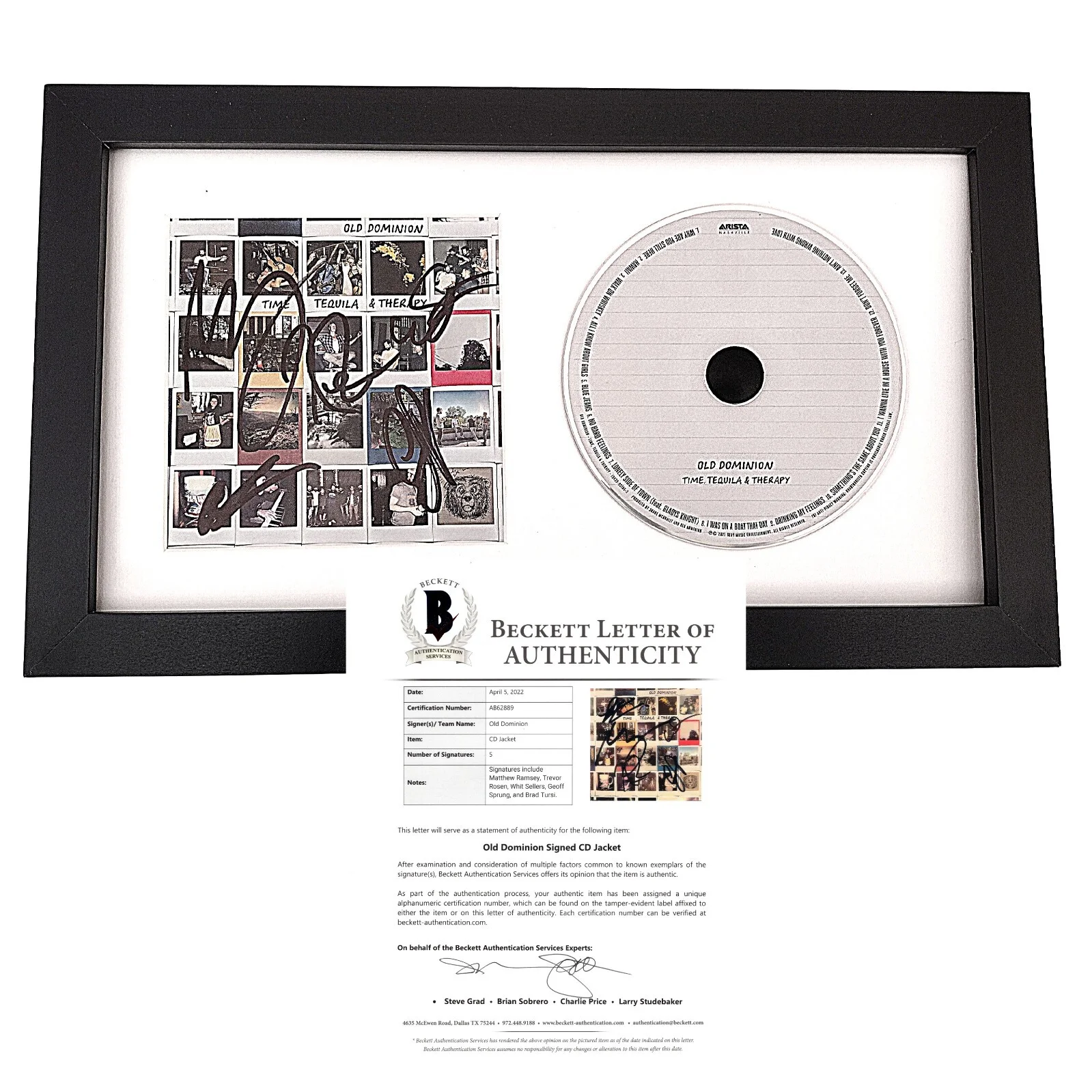 Matthew Ramsey, Trevor Rosen, Whit Sellers, Geoff Sprung — Old Dominion Signed Tequila And Therapy CD Framed Beckett BAS COA Country Album, изображение 2