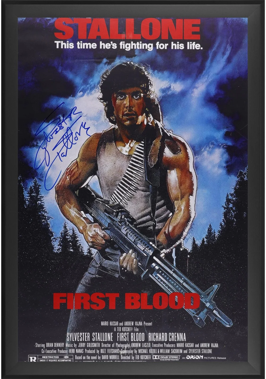 Sylvester Stallone — Slyvester Stallone Framed Autographed First Blood 27" x 40" Movie Poster
