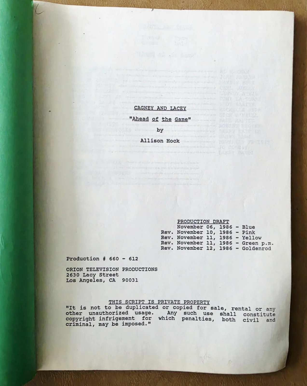 Sharon Glass, Tyne Daly — Cagney & Lacey Signed Script 1986 Sharon Glass, Tyne Daly, Al Waxman Orion TV, image 2