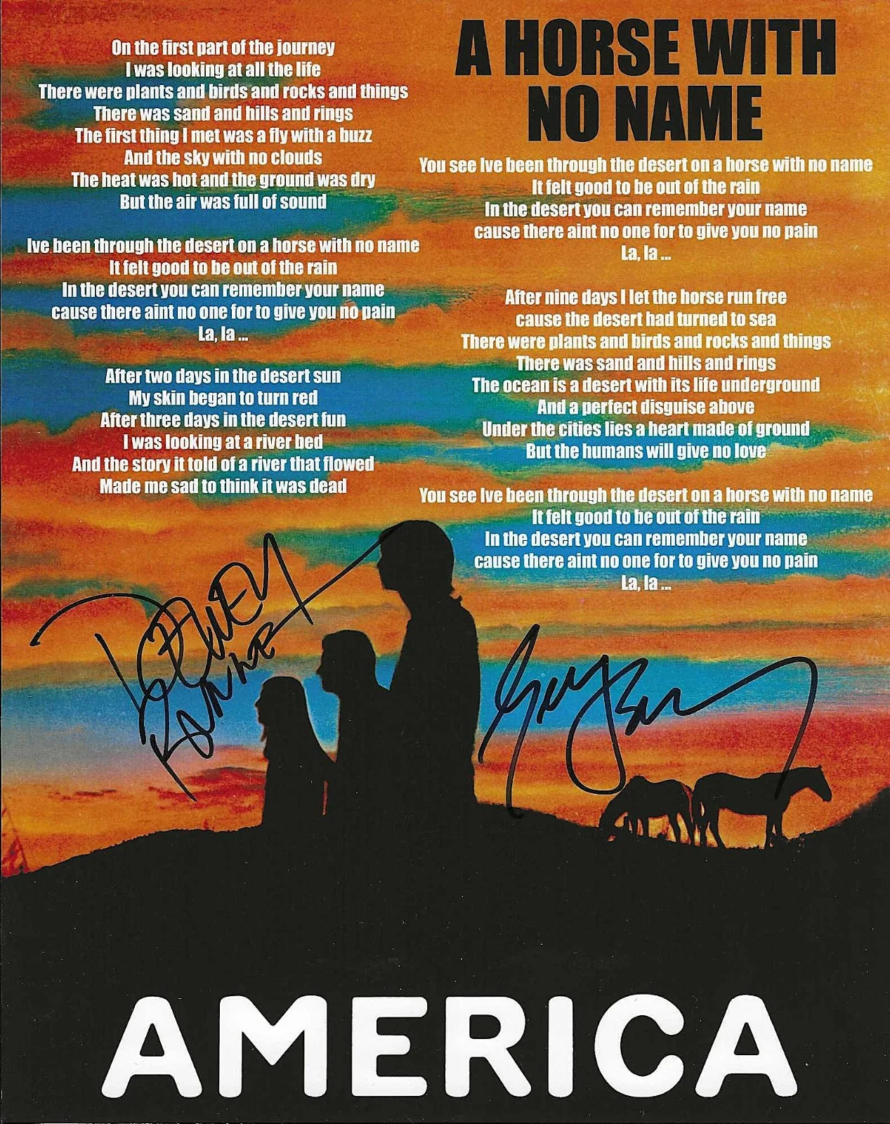 GERRY BECKLEY, DEWEY BUNNELL — BECKLEY BUNNELL AMERICA HAND SIGNED 'A HORSE WITH NO NAME' LYRICS PHOTO COA JG
