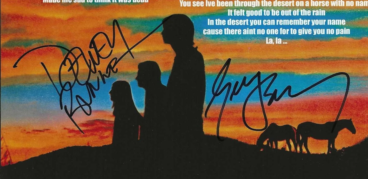GERRY BECKLEY, DEWEY BUNNELL — BECKLEY BUNNELL AMERICA HAND SIGNED 'A HORSE WITH NO NAME' LYRICS PHOTO COA JG, изображение 2