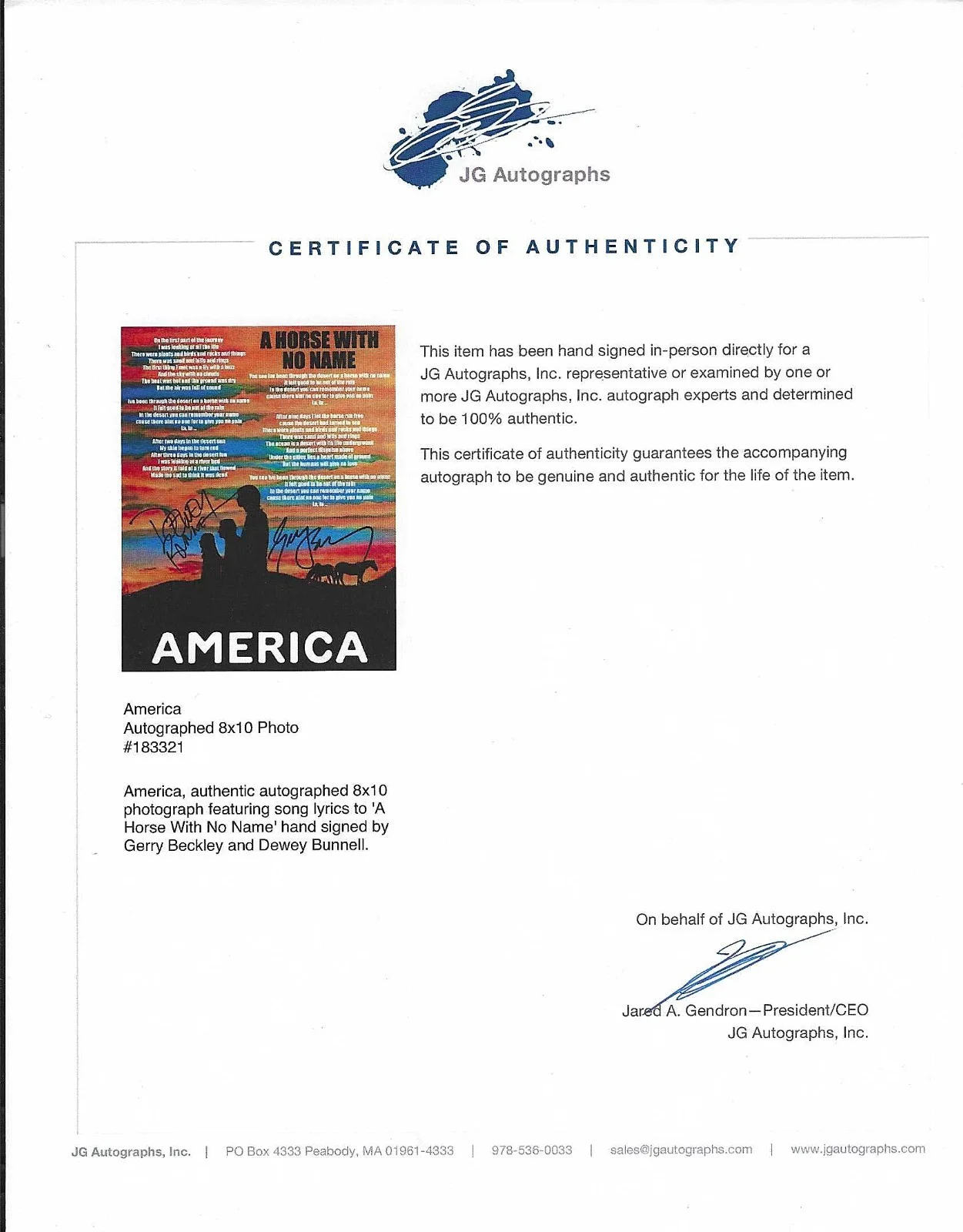 GERRY BECKLEY, DEWEY BUNNELL — BECKLEY BUNNELL AMERICA HAND SIGNED 'A HORSE WITH NO NAME' LYRICS PHOTO COA JG, изображение 3