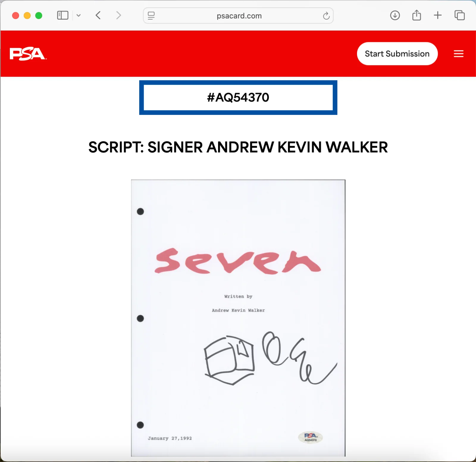 Andrew Kevin Walker — ANDREW KEVIN WALKER SIGNED SEVEN MOVIE SCRIPT FULL 167 PAGE AUTOGRAPH PSA SE7EN, изображение 3