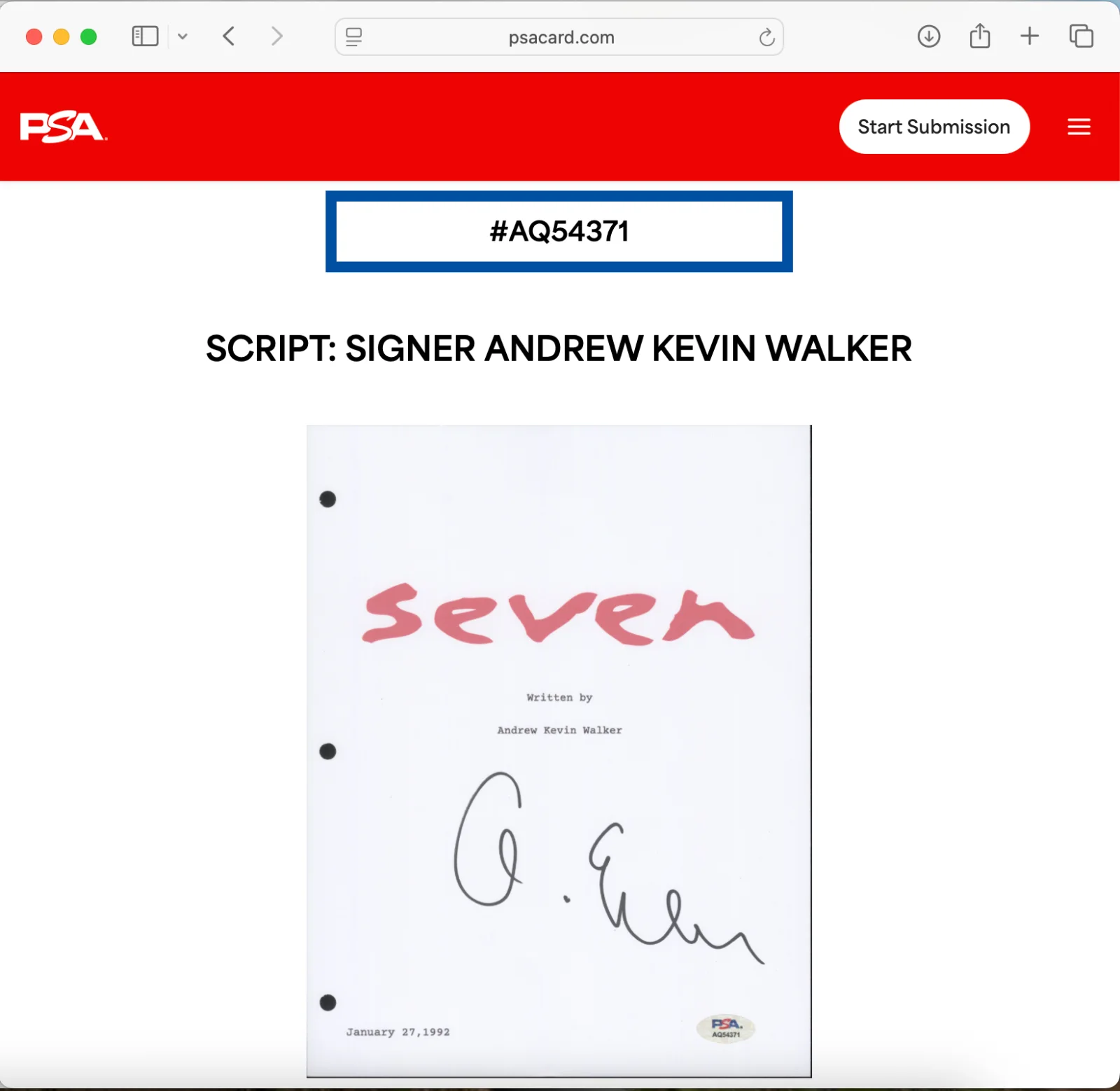 Andrew Kevin Walker — ANDREW KEVIN WALKER SIGNED SE7EN MOVIE SCRIPT FULL 167 PAGE AUTOGRAPH PSA SEVEN, изображение 3