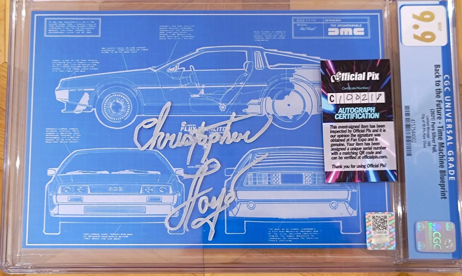 Christopher Lloyd — Silver Back To The Future DeLorean Blueprint 9.9 CGC Christopher Lloyd 1.oz, image 2