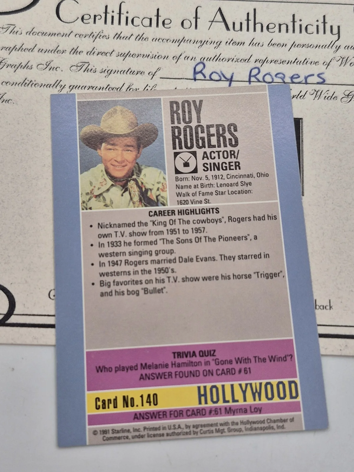 *SIGNED* Roy Rogers 1991 Hollywood Trading Card W/COA Starline Authentic Auto, image 5