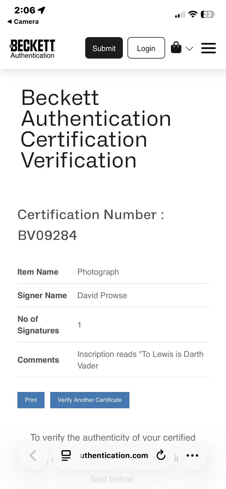 David Prowse — David Prowse Autographed Signed As Darth Vader Authentication by Beckett 10x8, image 2