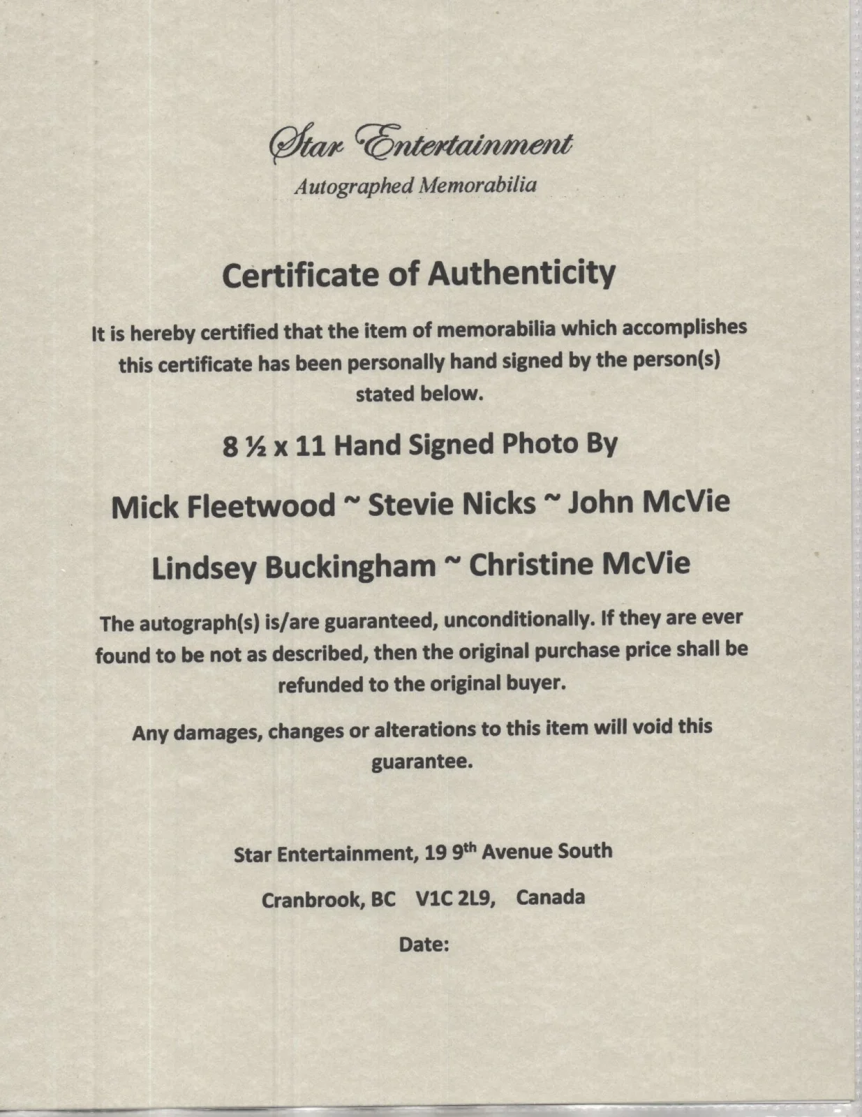 FLEETWOOD MAC BAND -=5=- AWESOME POSE - HAND SIGNED AUTOGRAPHED PHOTO COA, image 2