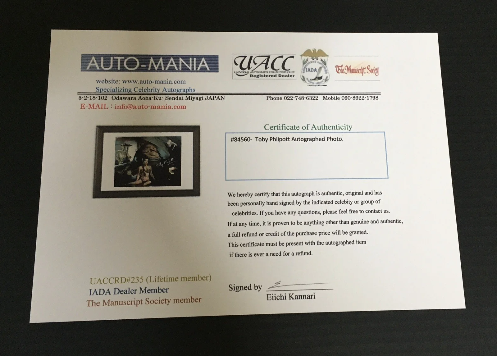 [STAR WARS] Toby Philpott of Jabba the Hutt Puppeteer Authentic AutographedPhoto, изображение 3