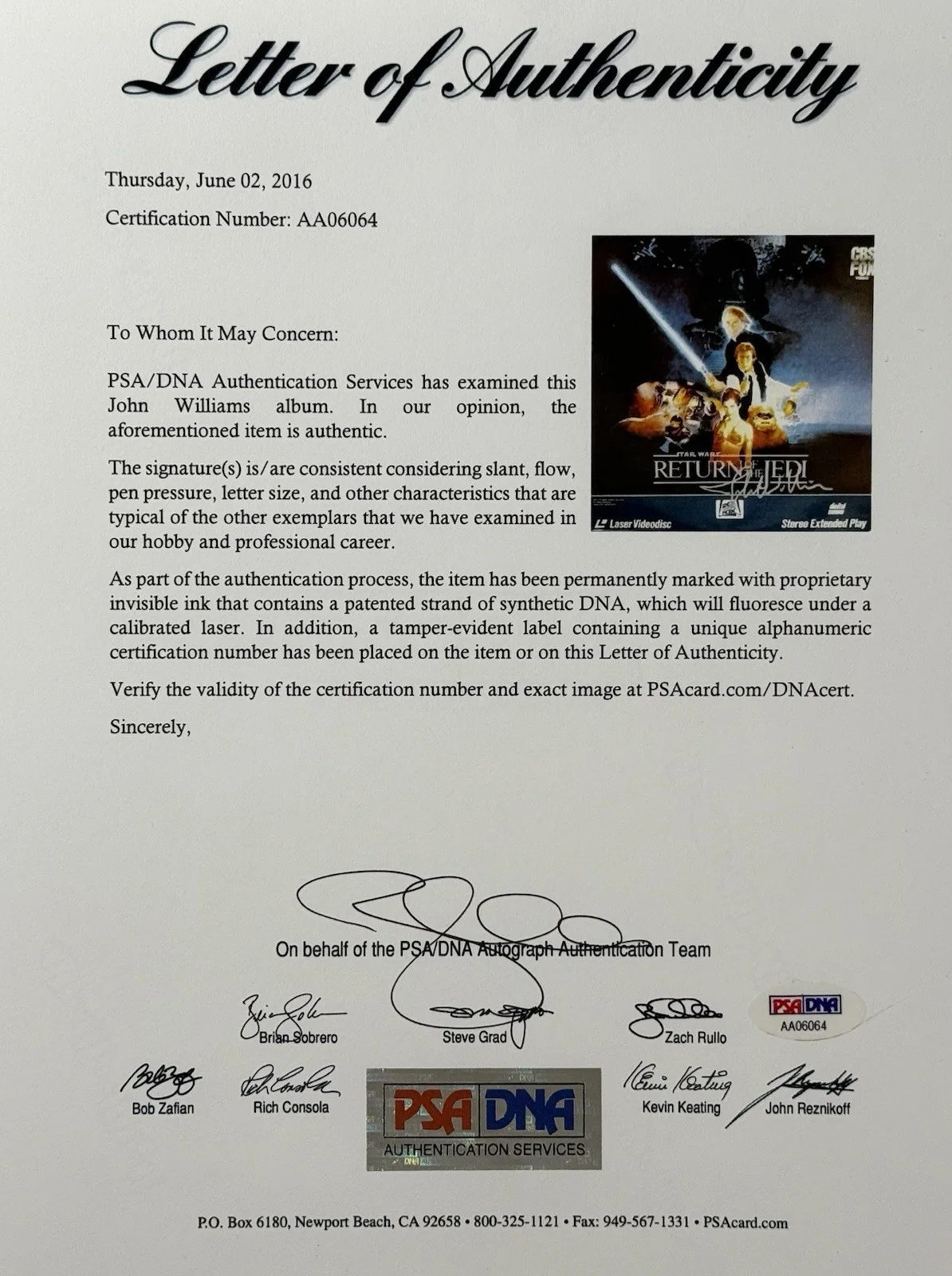 John Williams — John Williams signed Star Wars laser disc ROTJ return of the jedi psa dna loa, изображение 5