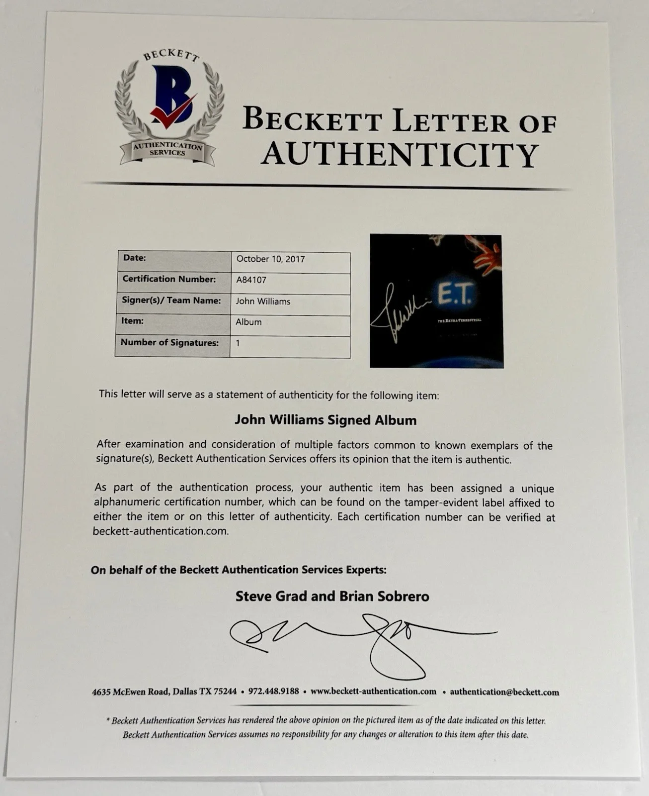 John Williams — John Williams signed E.T. movie Album vinyl extra terrestrial beckett loa, image 5