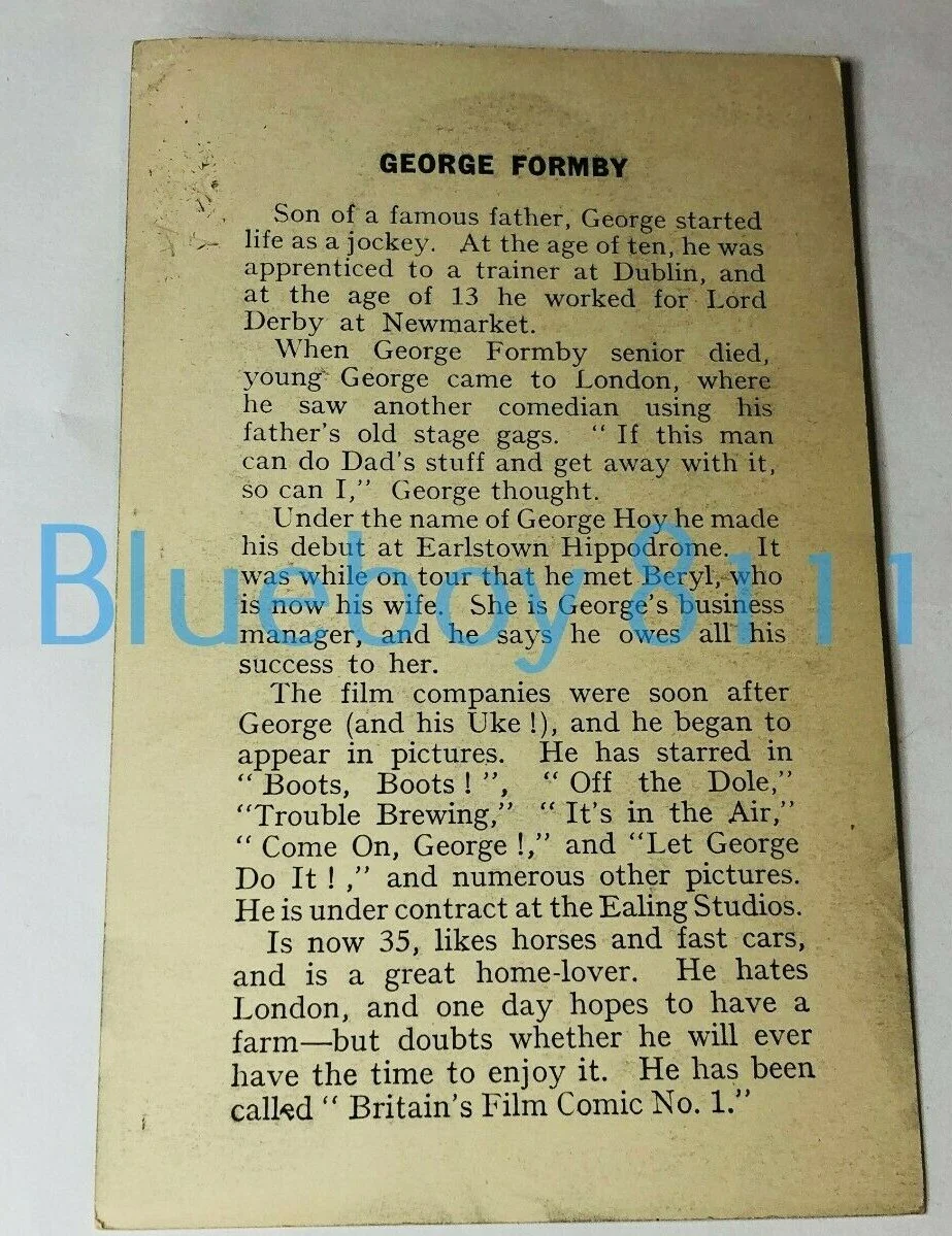 1939 George Formby Printed Card Information on back published 1939, image 2