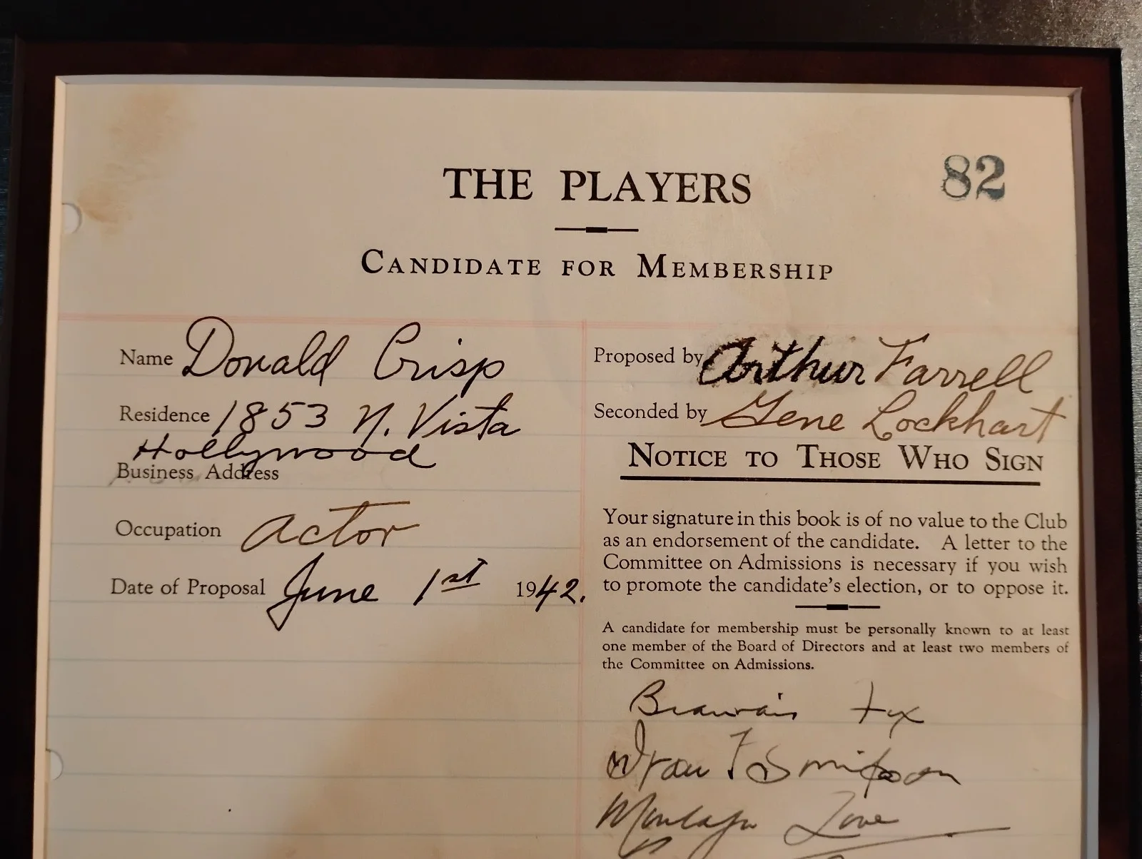 HUMPHREY BOGART — *REDUCED*HUMPHREY BOGART AUTOGRAPH 1942 "THE PLAYERS" CERTIFICATE FOR MEMBERSHIP, image 3