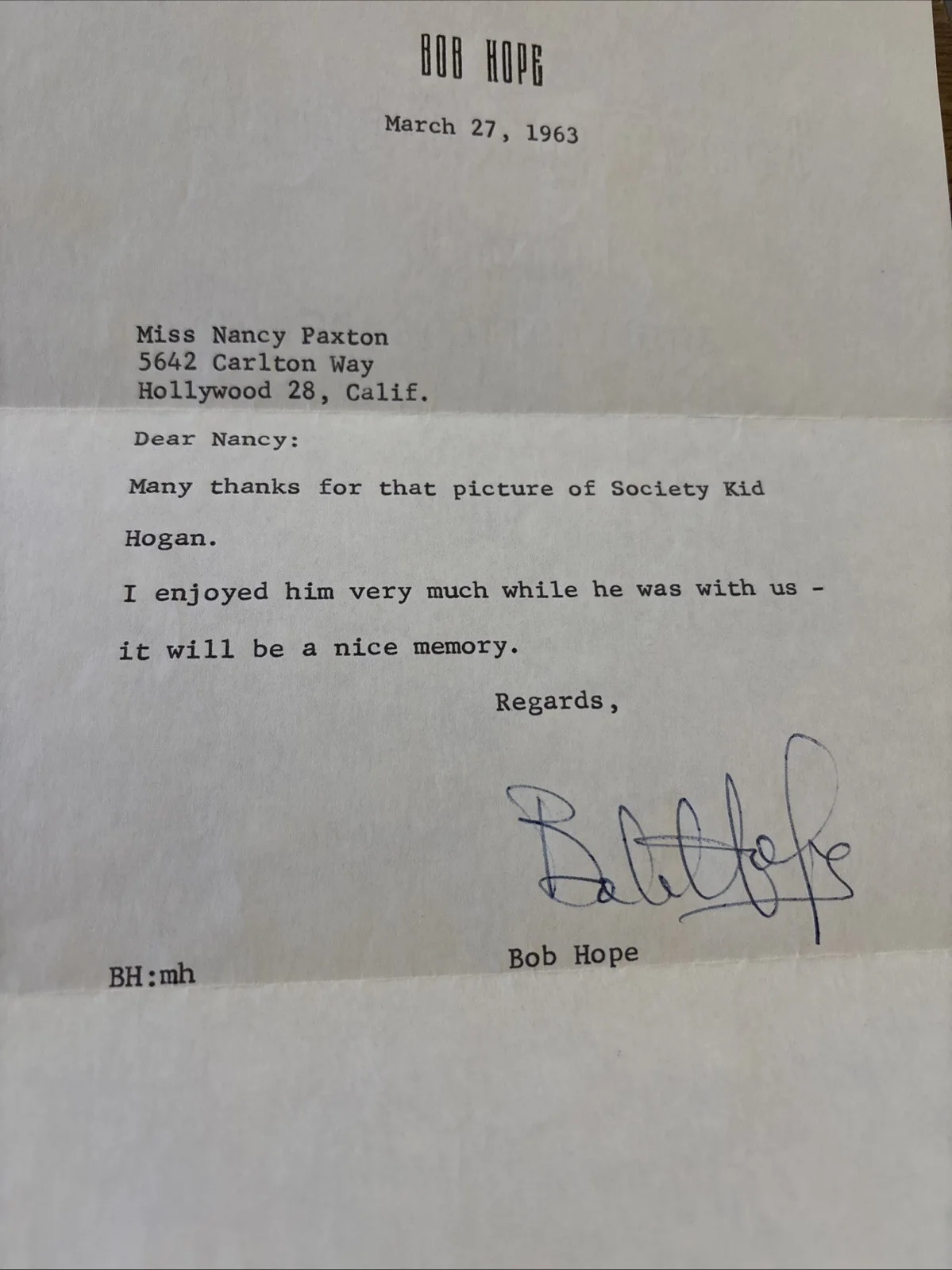 1963 BOB HOPE Thank You Note and Envelope, image 2