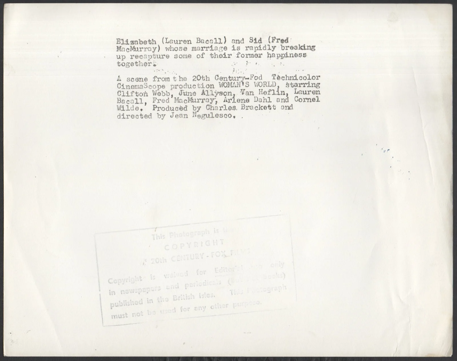 WOMAN’S WORLD 1954 Fred MacMurray, Lauren Bacall 10x8 STILL, image 2