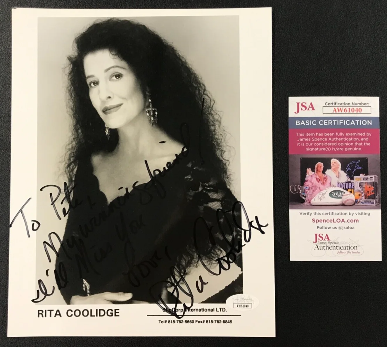Rita Coolidge — Rita Coolidge Signed 8x10 B&W Photo JSA (Personalized) AUTO Singer R&B/Pop NICE!