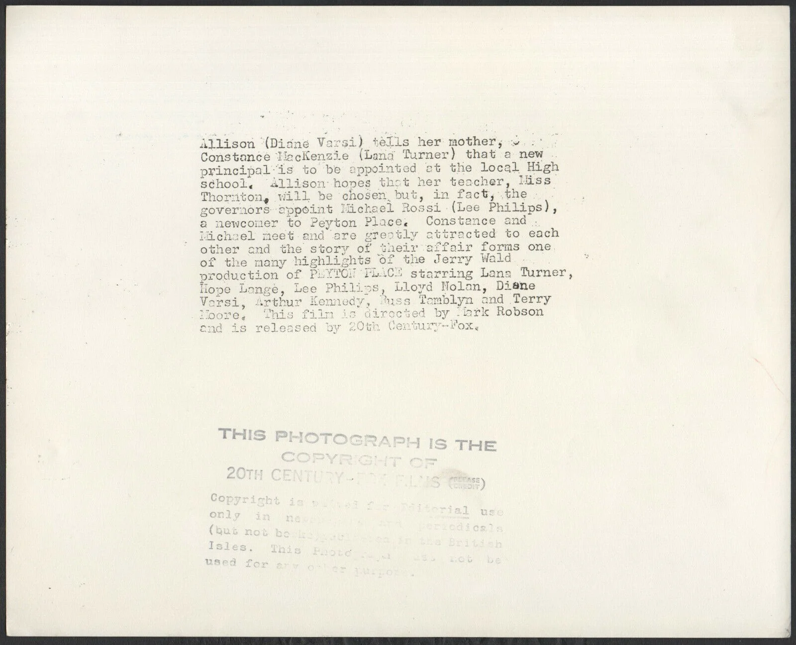 PEYTON PLACE 1957 Lana Turner, Diane Varsi * Mark Robson 10x8 STILL, image 2
