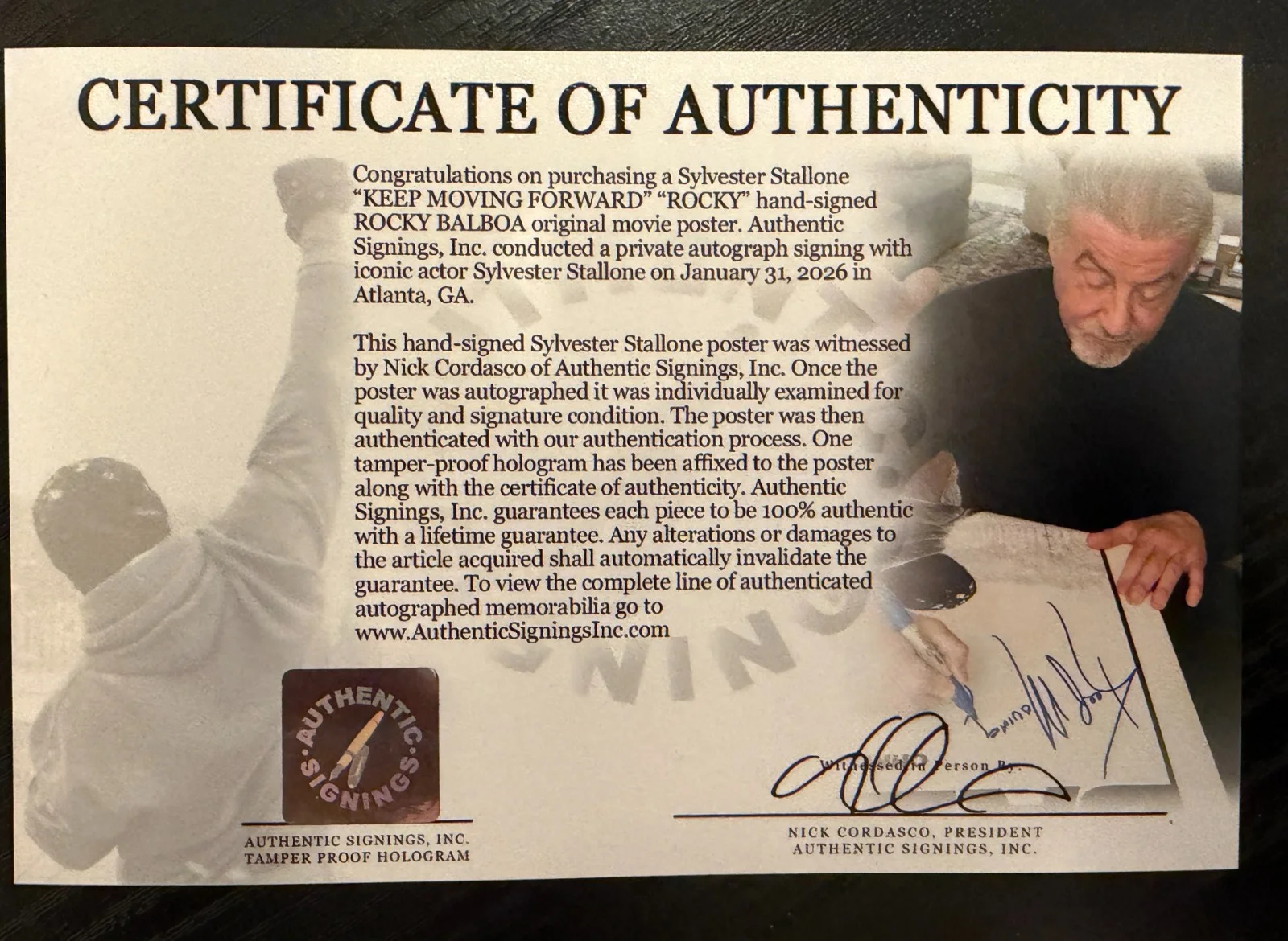Sylvester Stallone — Sylvester Stallone ROCKY BALBOA Autographed KEEP MOVING FORWARD Poster ASI Proof, image 2
